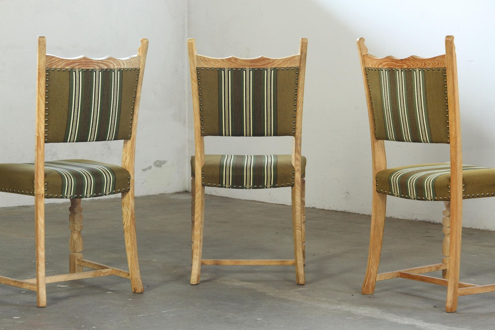 photo for sale Vintage Danish 1960s, Brutalist Modern Oak Dining Chairs By Henning Kjærnulf