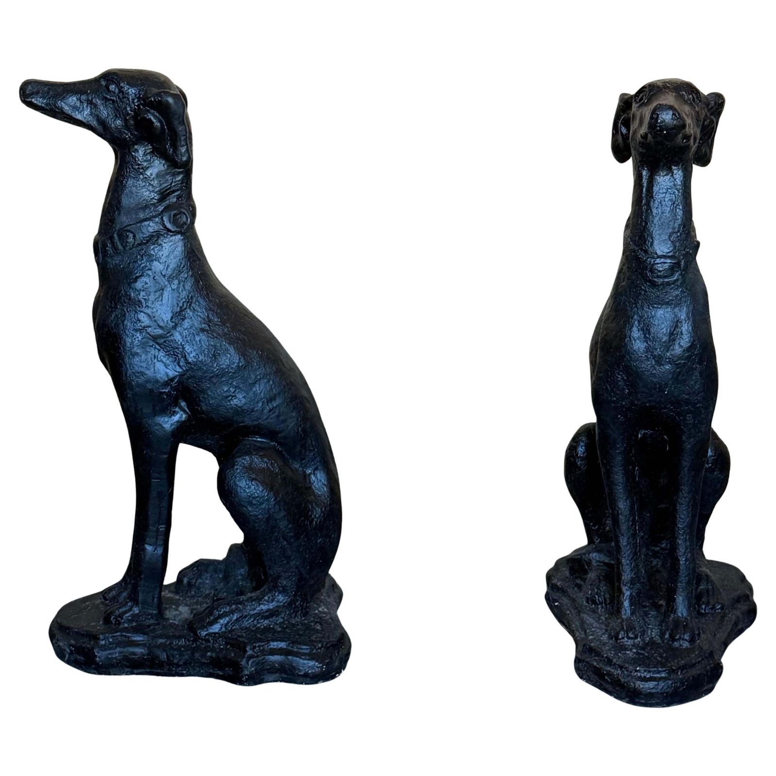 Paire de sculptures de lévriers assis grandeur nature en bronze, mid-century photo furniture