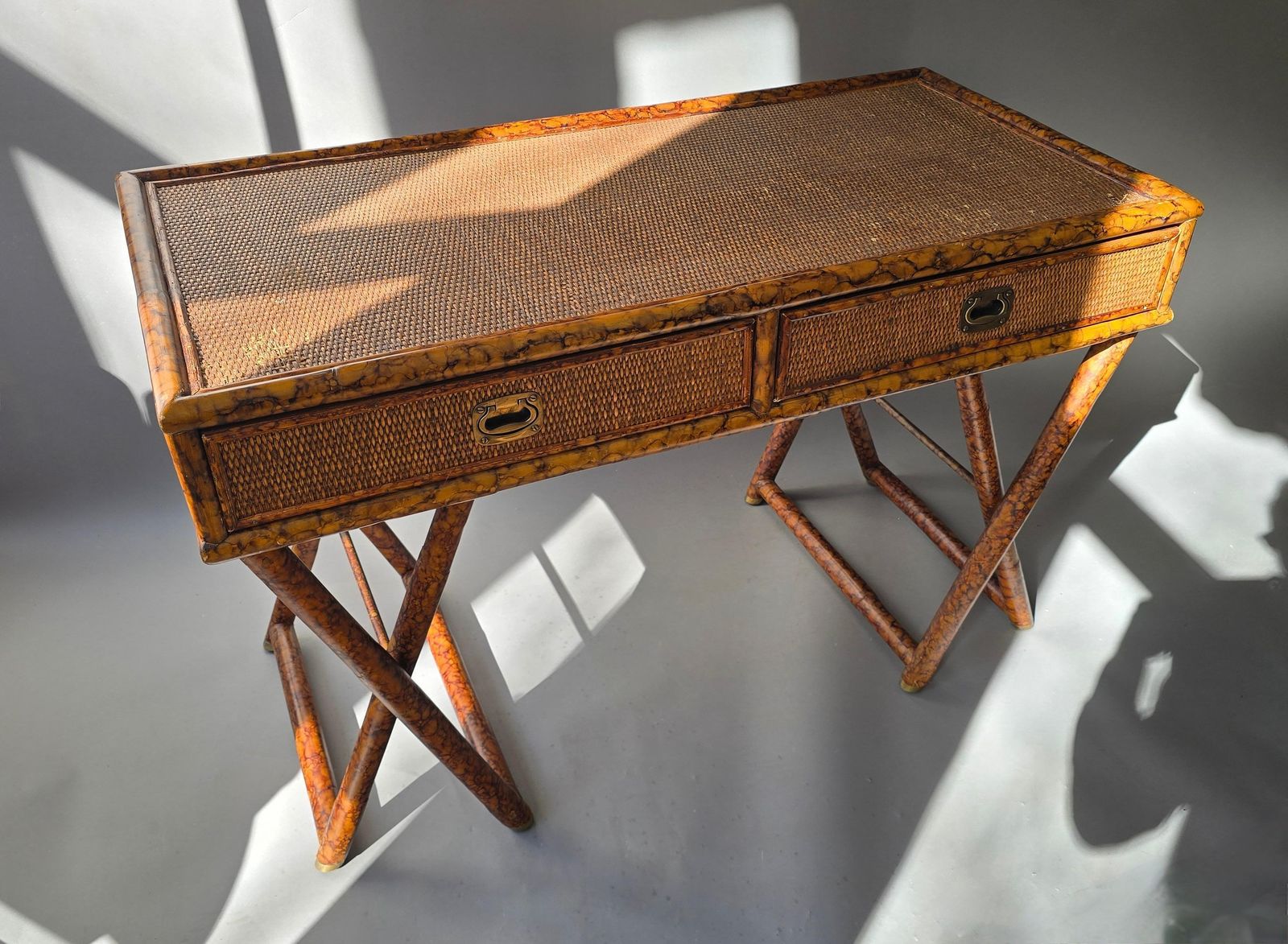Hollywood Regency Faux Bamboo Cane Desk With Tortoise Finish, 1970s photo for sale