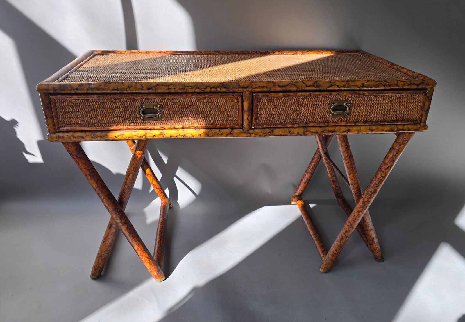 Hollywood Regency Faux Bamboo Cane Desk With Tortoise Finish, 1970s photo 2358.0