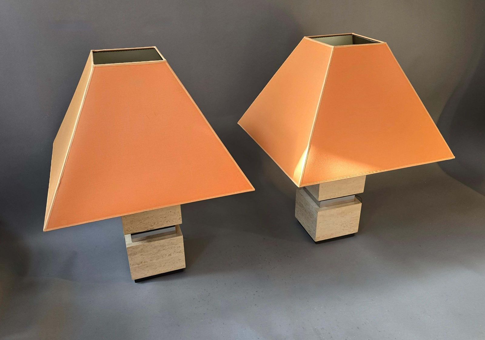 photo for sale Pair Of Sculptural French Travertine Table Lamps With Original Peach Shades 1970