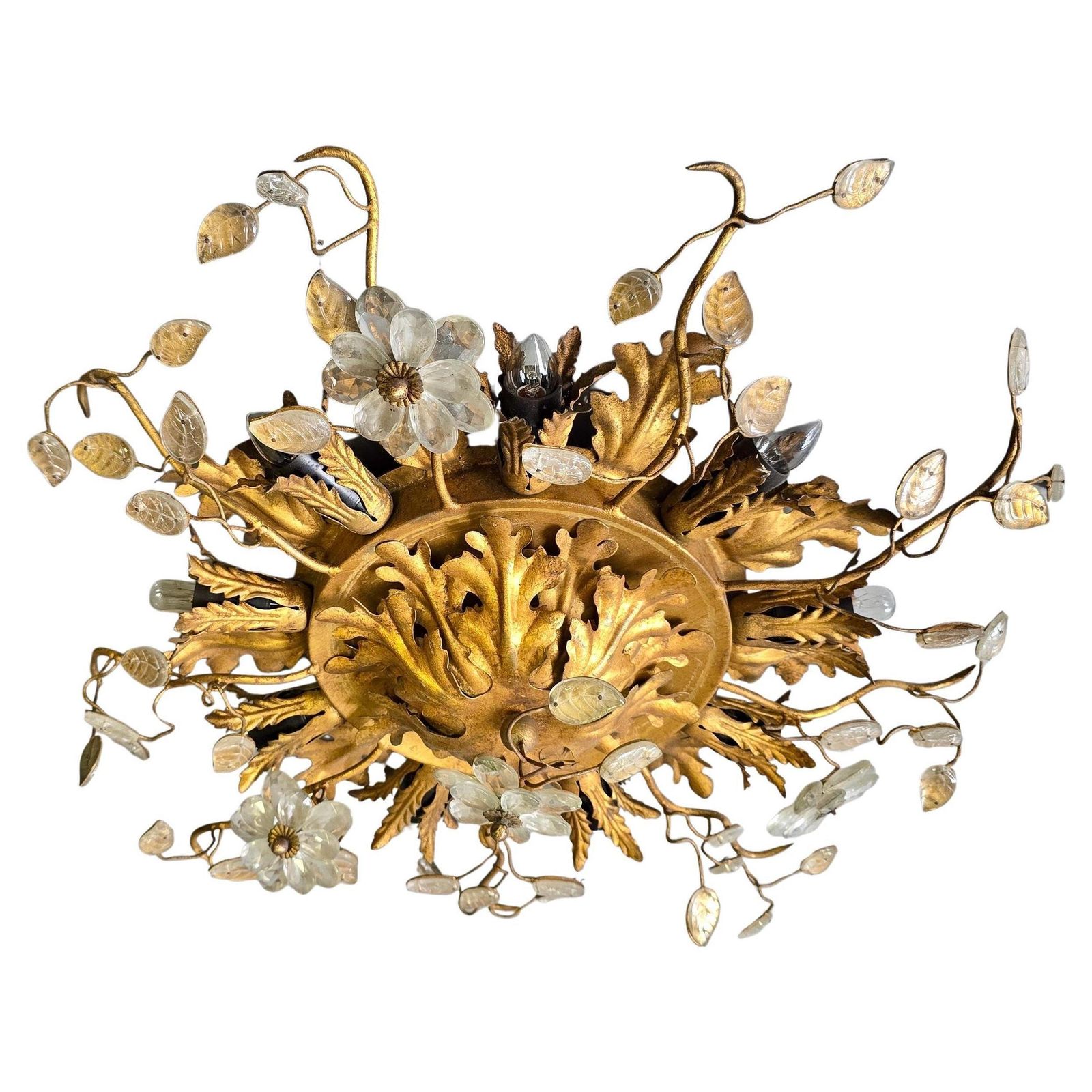 Large Italian Gilt Metal And Crystal Floral Flush Mount, 1960s photo furniture