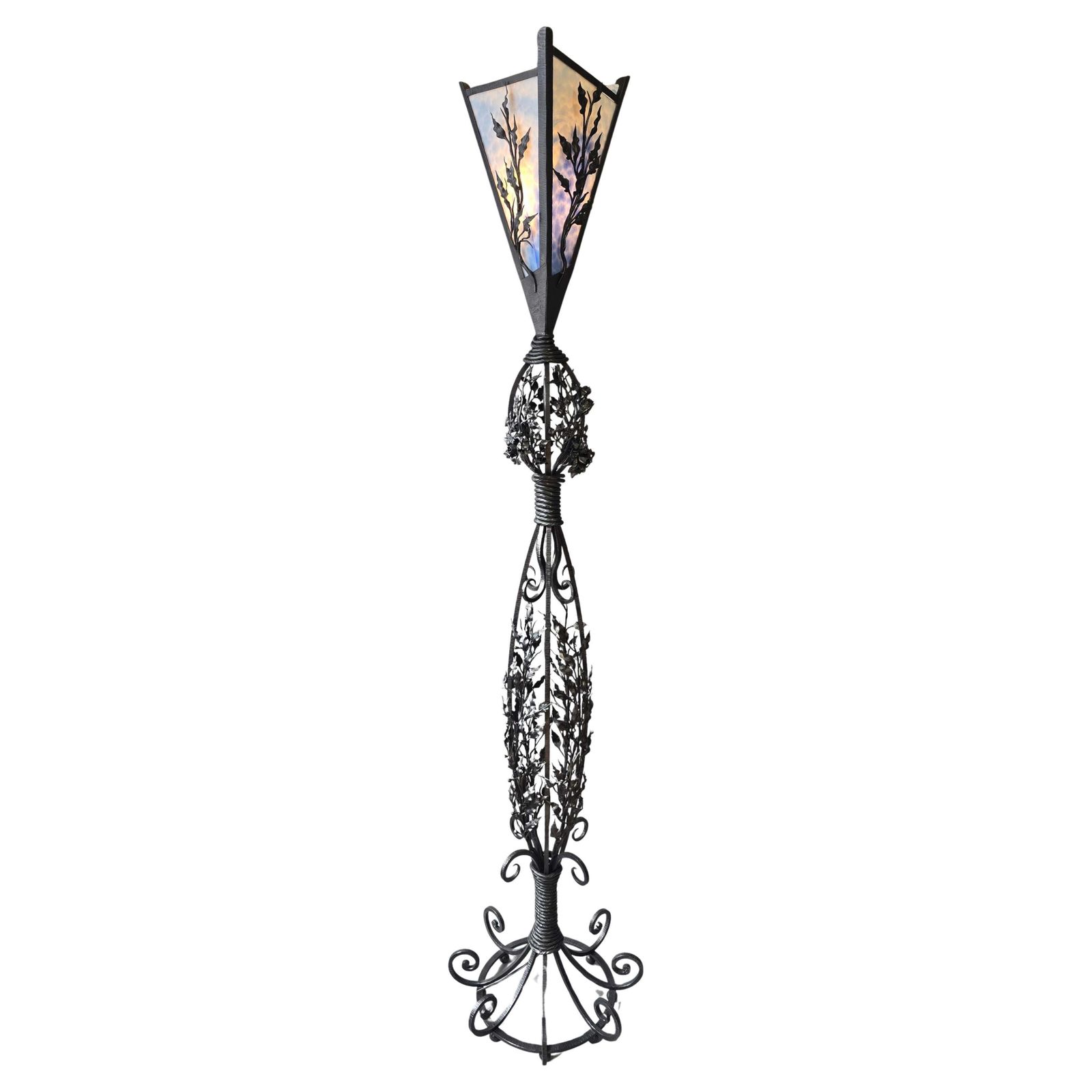 Monumental Art Nouveau Wrought Iron Grapevine Floor Lamp, Signed Van Brandt