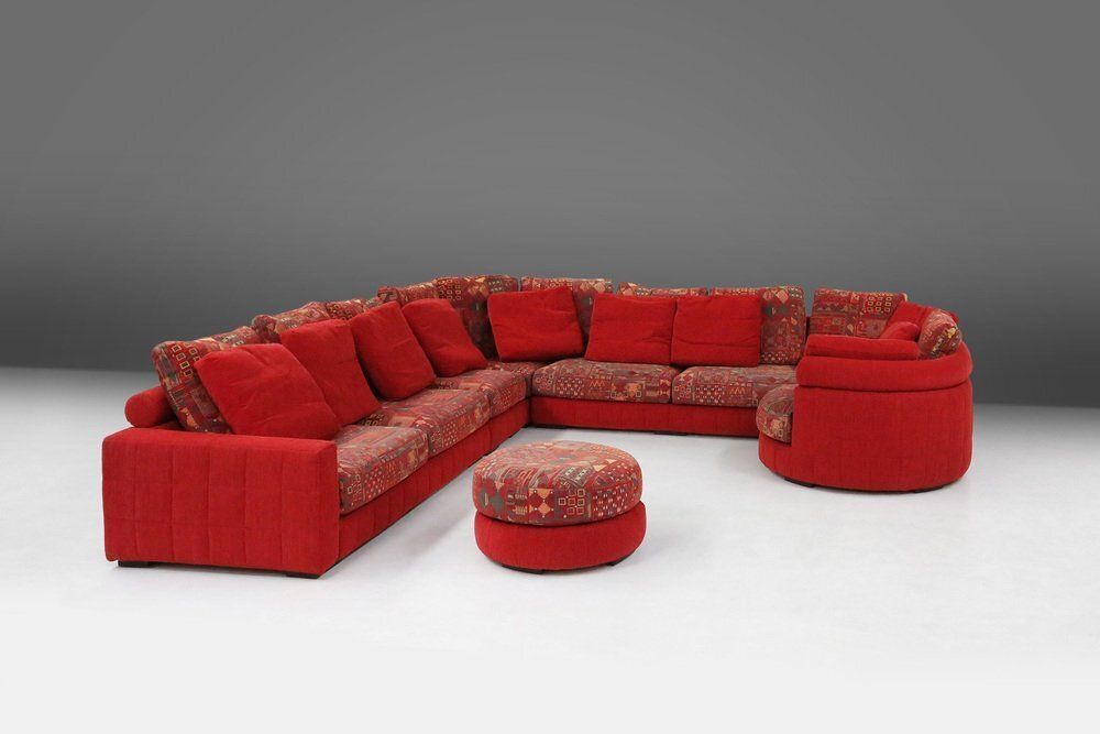 Furniture Modular Sofa In Red And Patterned Upholstery From Roche Bobois, France, 1980s photo