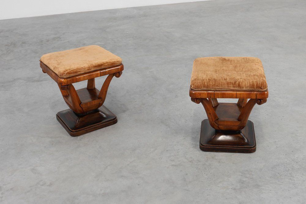 photo for sale Art Deco Walnut Stool With Fabric, Italy, 1920s