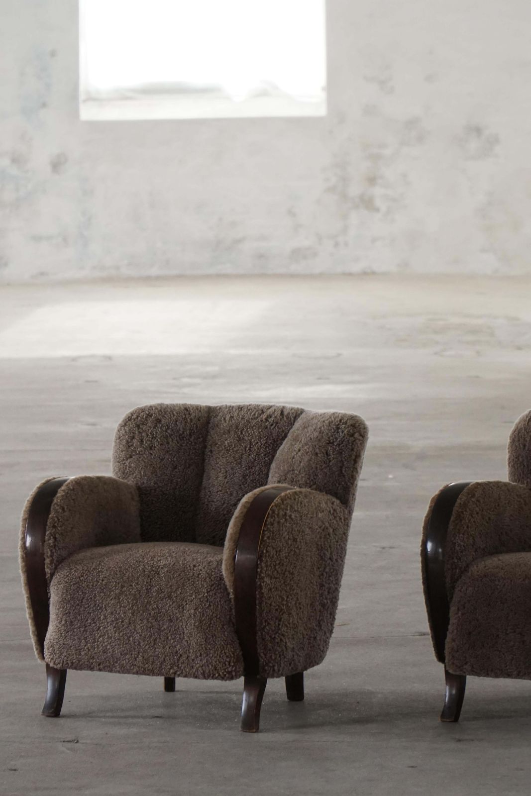 5130.0 Pair Of Danish Modern Art Deco Lounge Chairs In Lambswool & Birch, 1940s photo