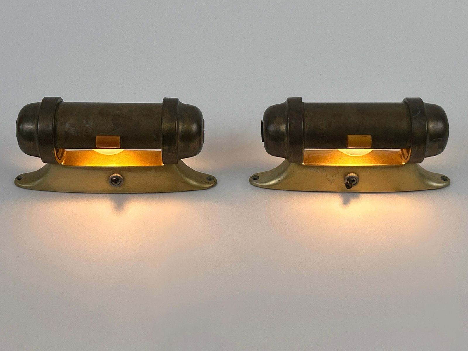 Set Of Two Streamline Bauhaus Design Sub Marine Cabinet Sconces Germany 1930s photo vinterior