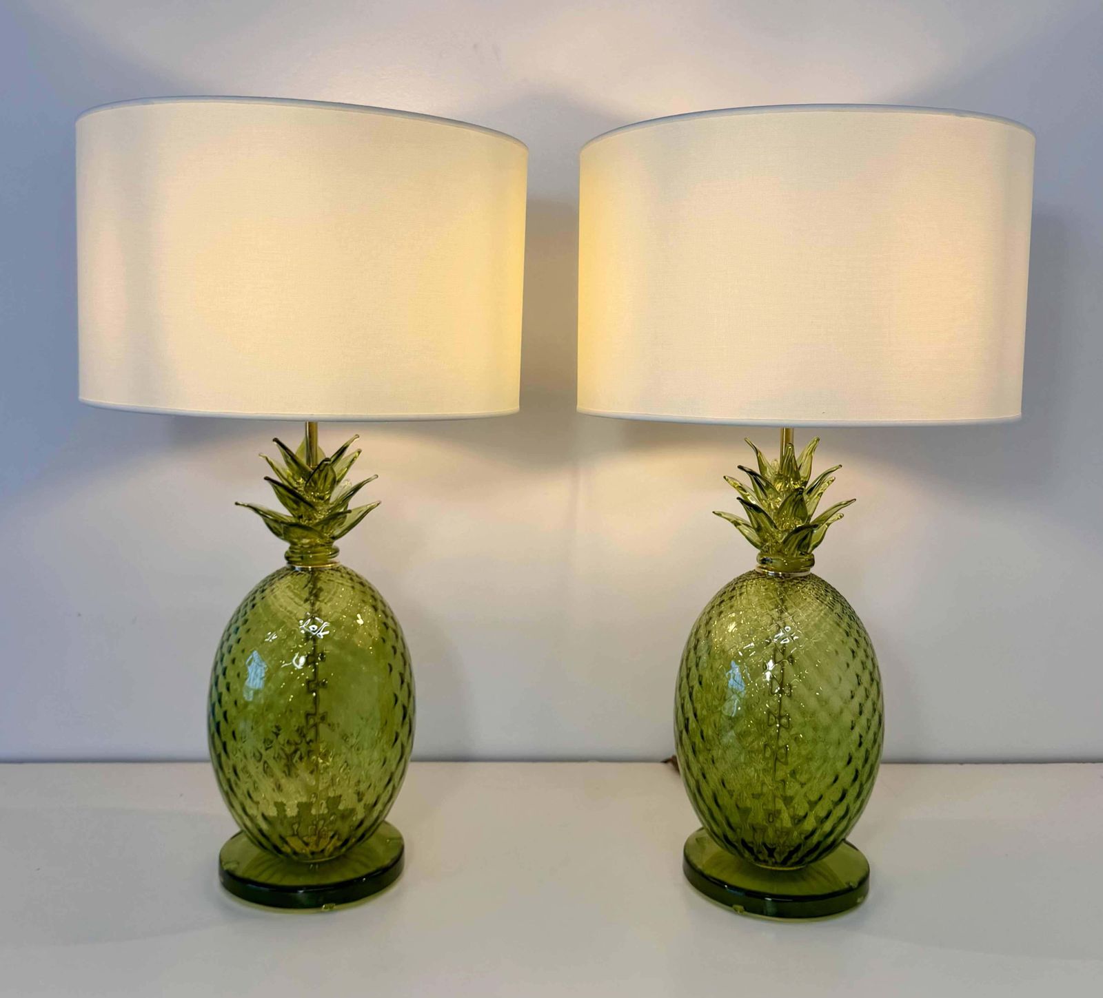 Pair Of Italian Art Deco Pineapple Murano Glass Lamps With Lampshades photo furniture