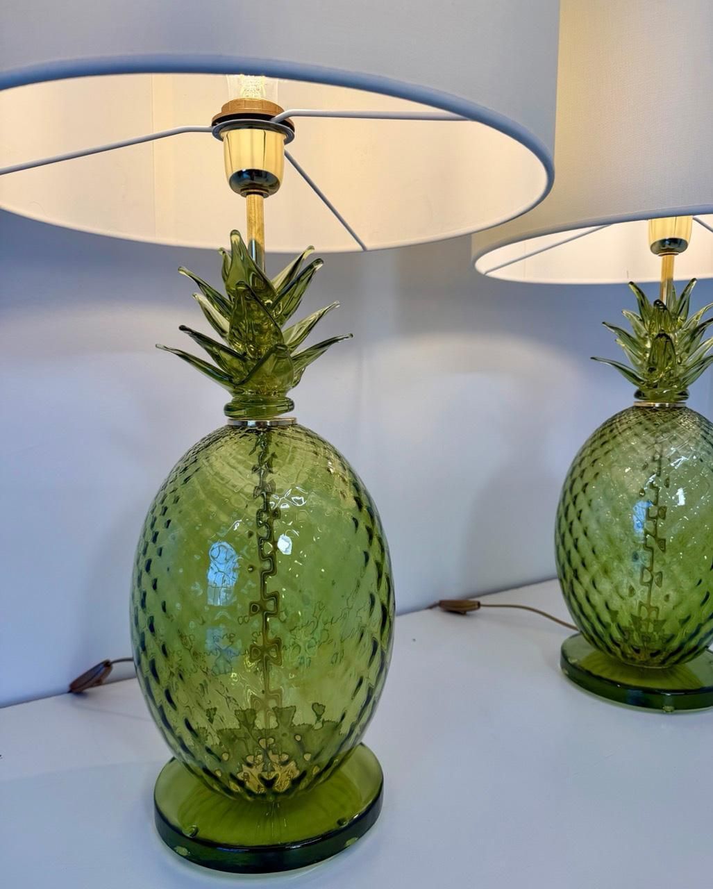 Pair Of Italian Art Deco Pineapple Murano Glass Lamps With Lampshades photo Lighting