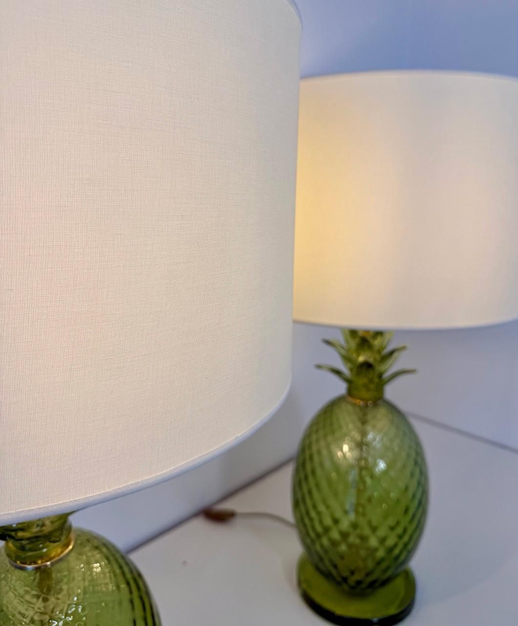 Pair Of Italian Art Deco Pineapple Murano Glass Lamps With Lampshades photo vinterior
