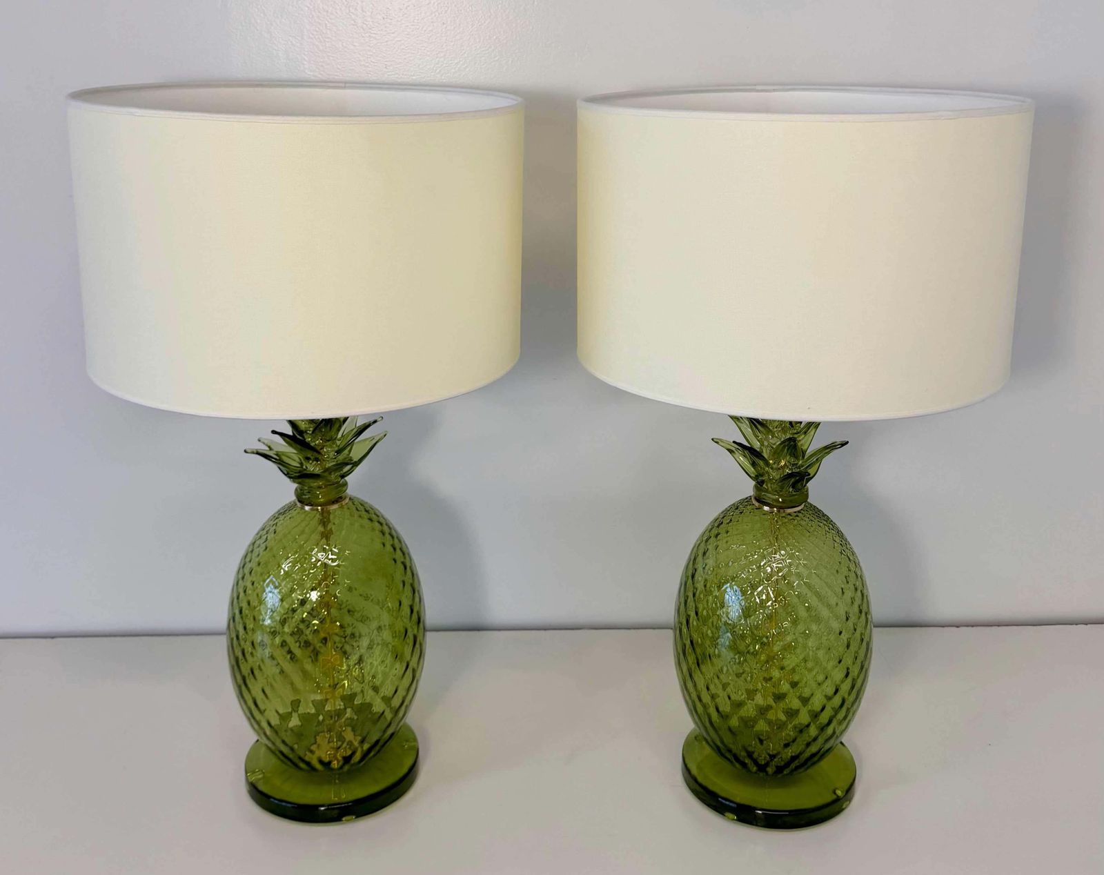photo for sale Pair Of Italian Art Deco Pineapple Murano Glass Lamps With Lampshades