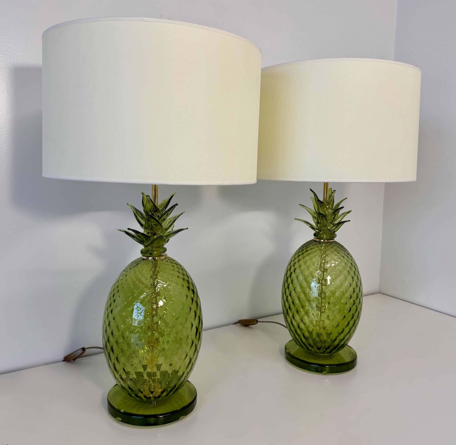 Lighting Pair Of Italian Art Deco Pineapple Murano Glass Lamps With Lampshades photo