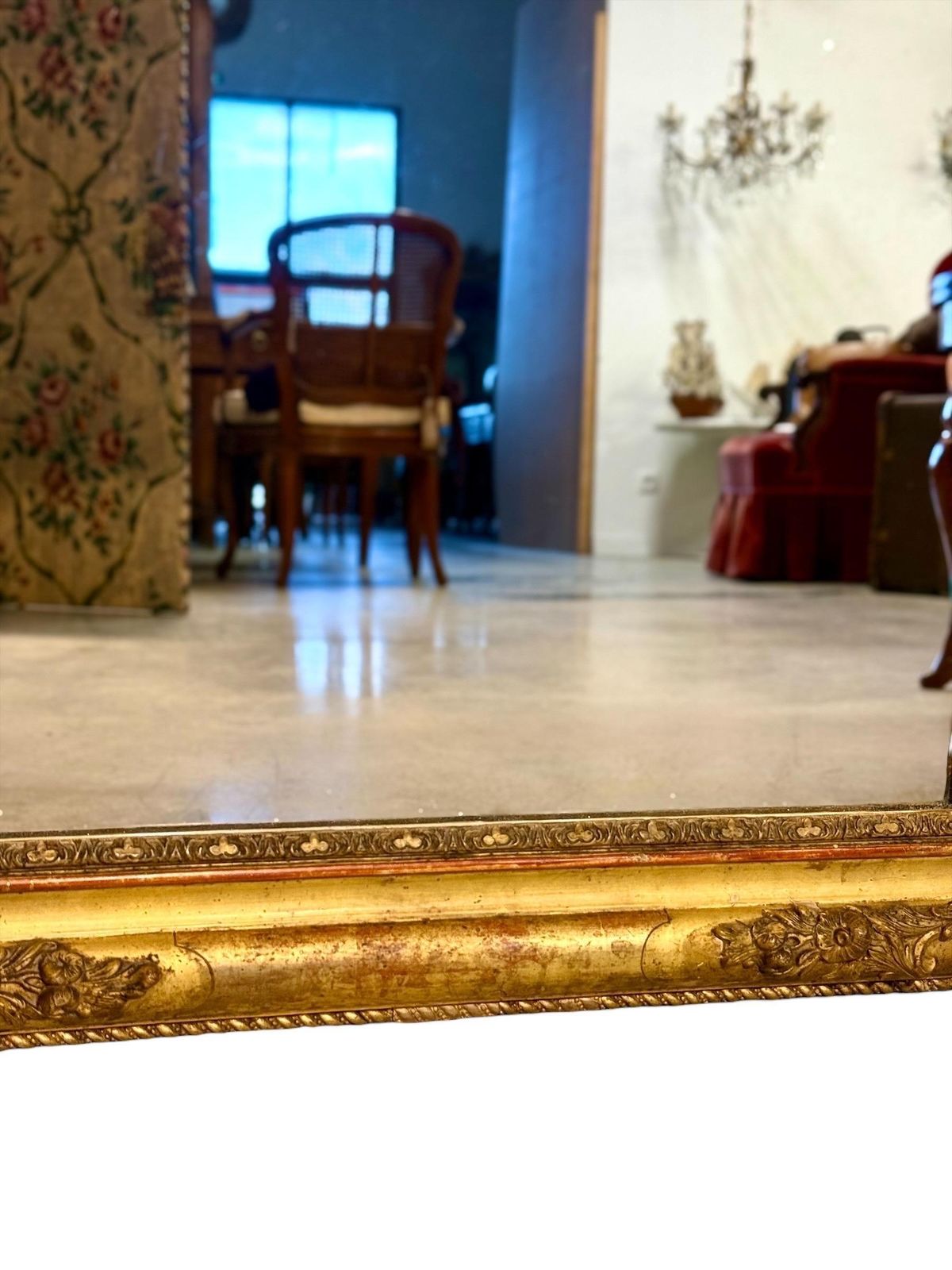 Large French Napoleon III Giltwood Mirror With Floral Carved Frame photo vinterior
