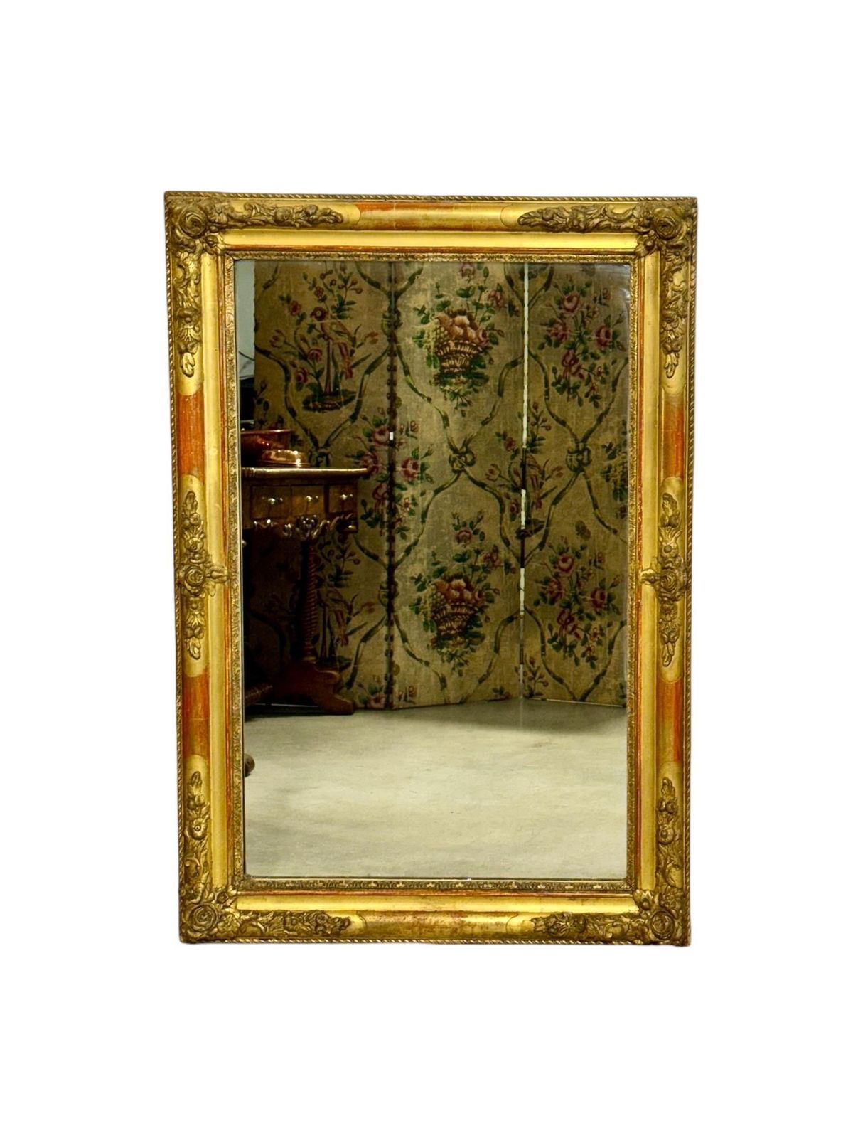 photo furniture Large French Napoleon III Giltwood Mirror With Floral Carved Frame