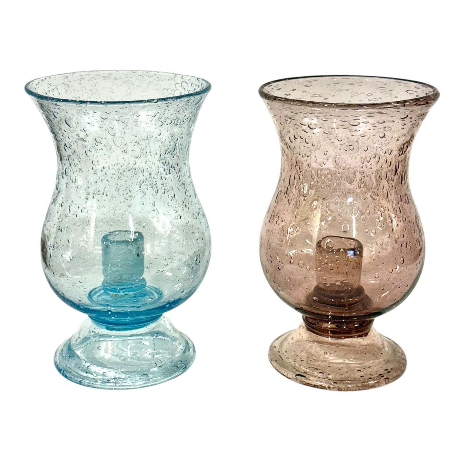 Pair Of French Biot Bubble Glass Hurricane Candle Holders