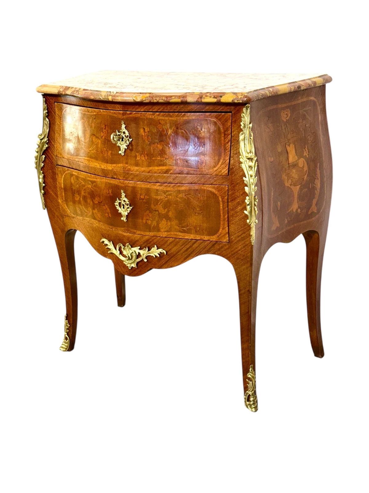 Louis XV Style Marquetry Commode With Breche Marble Top, France 19th Century photo vintage