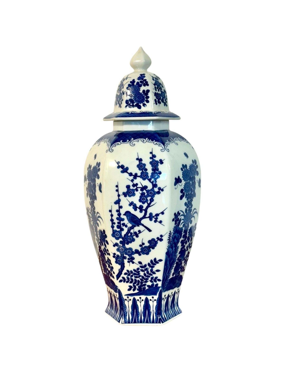 Large Blue And White Hexagonal Lidded Porcelain Vase, Chinoiserie photo buy