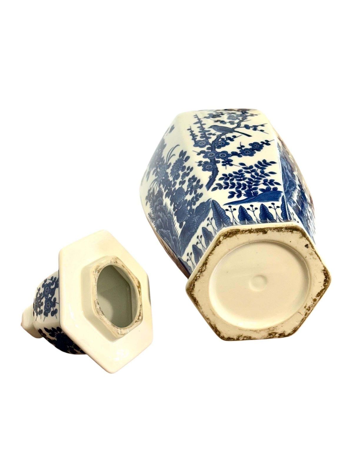 Home Decor Large Blue And White Hexagonal Lidded Porcelain Vase, Chinoiserie photo