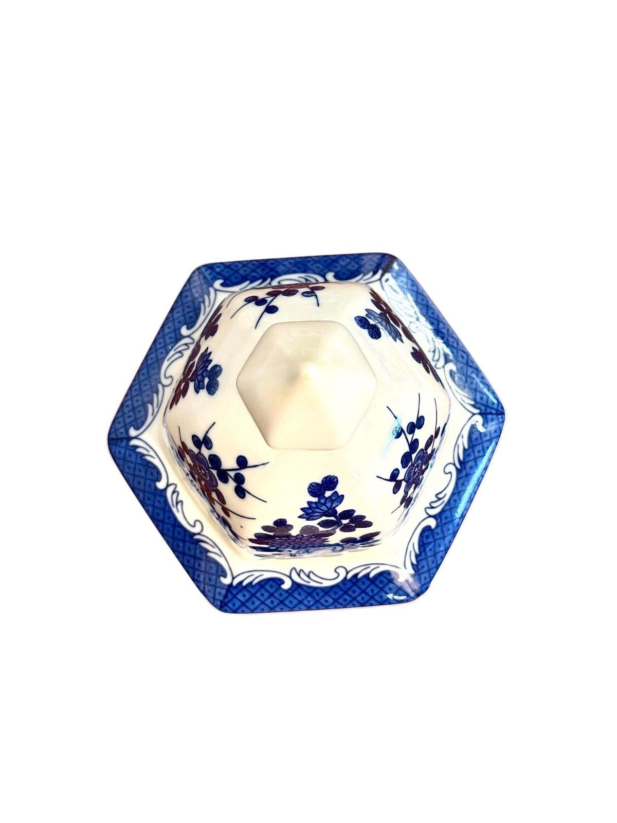 photo buy Large Blue And White Hexagonal Lidded Porcelain Vase, Chinoiserie