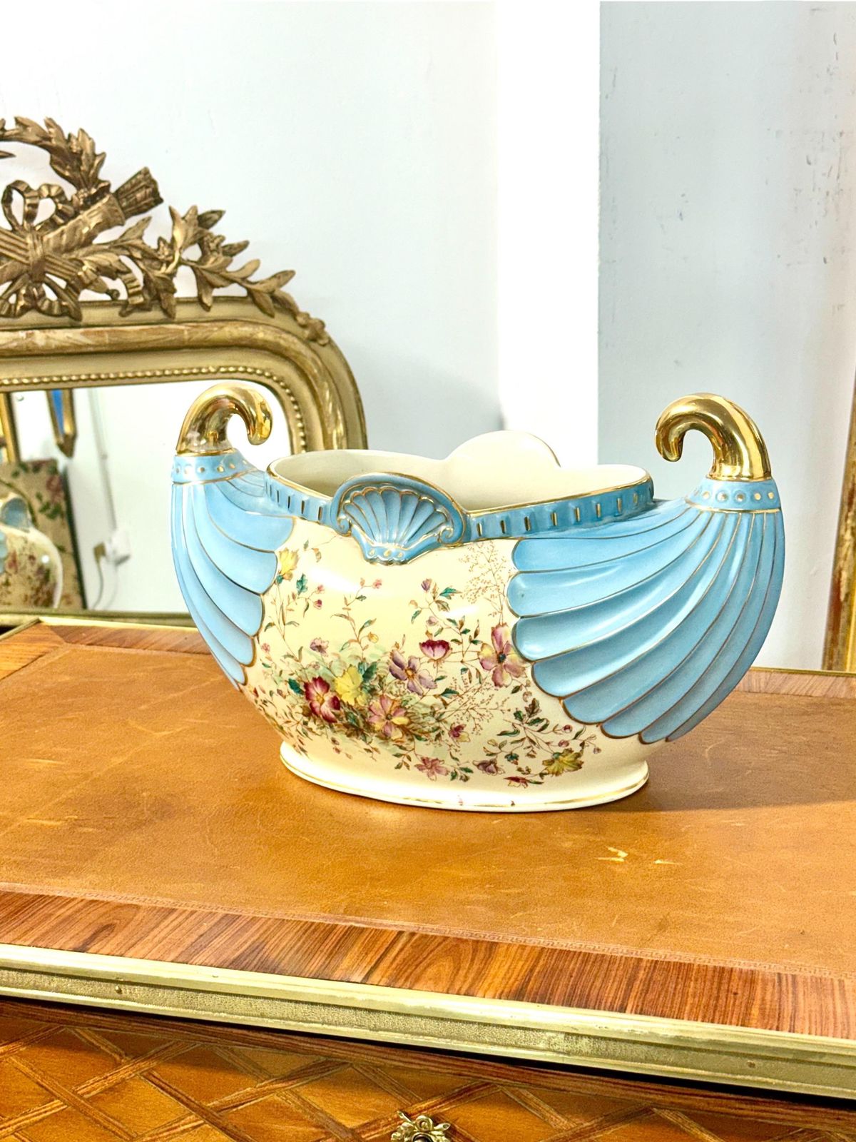 French Art Nouveau Faience Jardinière With Gilt Handles, Circa 1900 photo Home Decor
