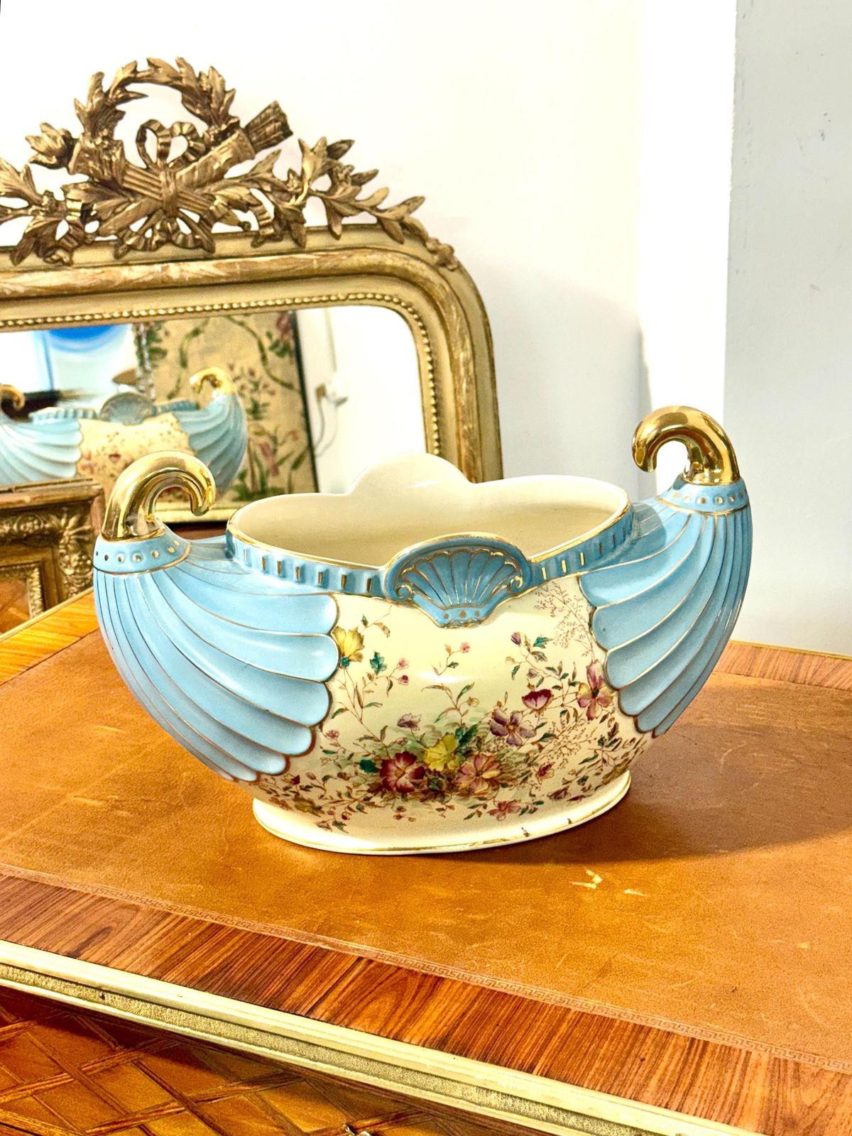 Home Decor French Art Nouveau Faience Jardinière With Gilt Handles, Circa 1900 photo
