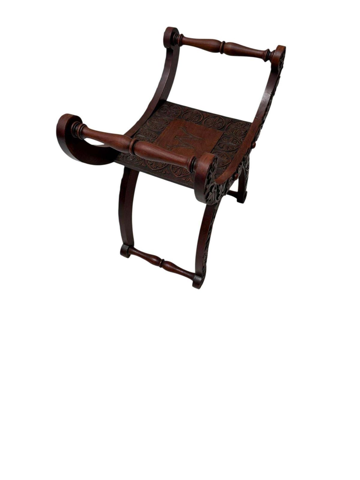 Art Nouveau Walnut Savonarola Hand Carved Stool, 1900s photo vinterior