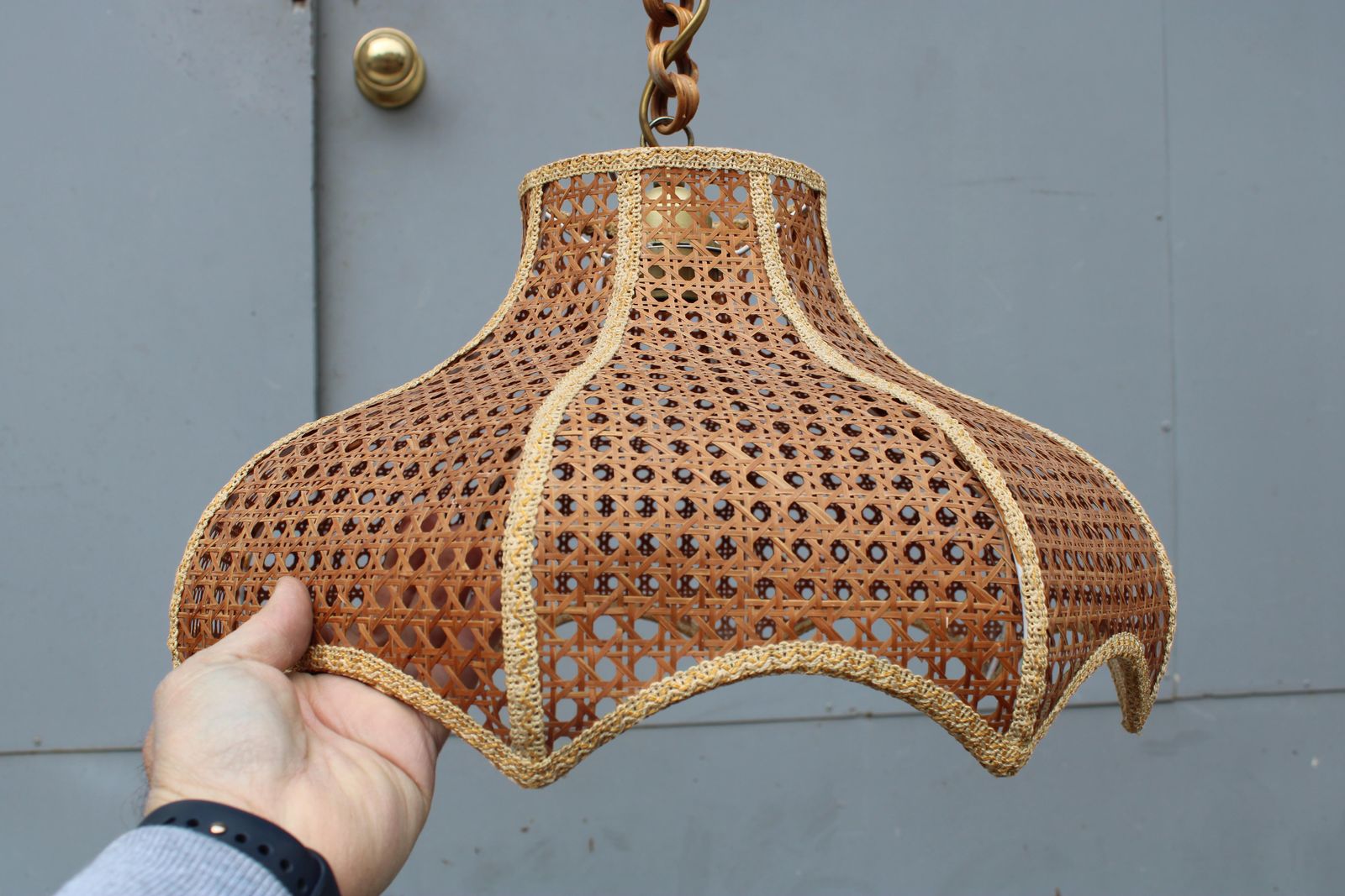 Pair Of Viennese Straw Chandeliers 1970 Italy Bamboo And Brass photo buy