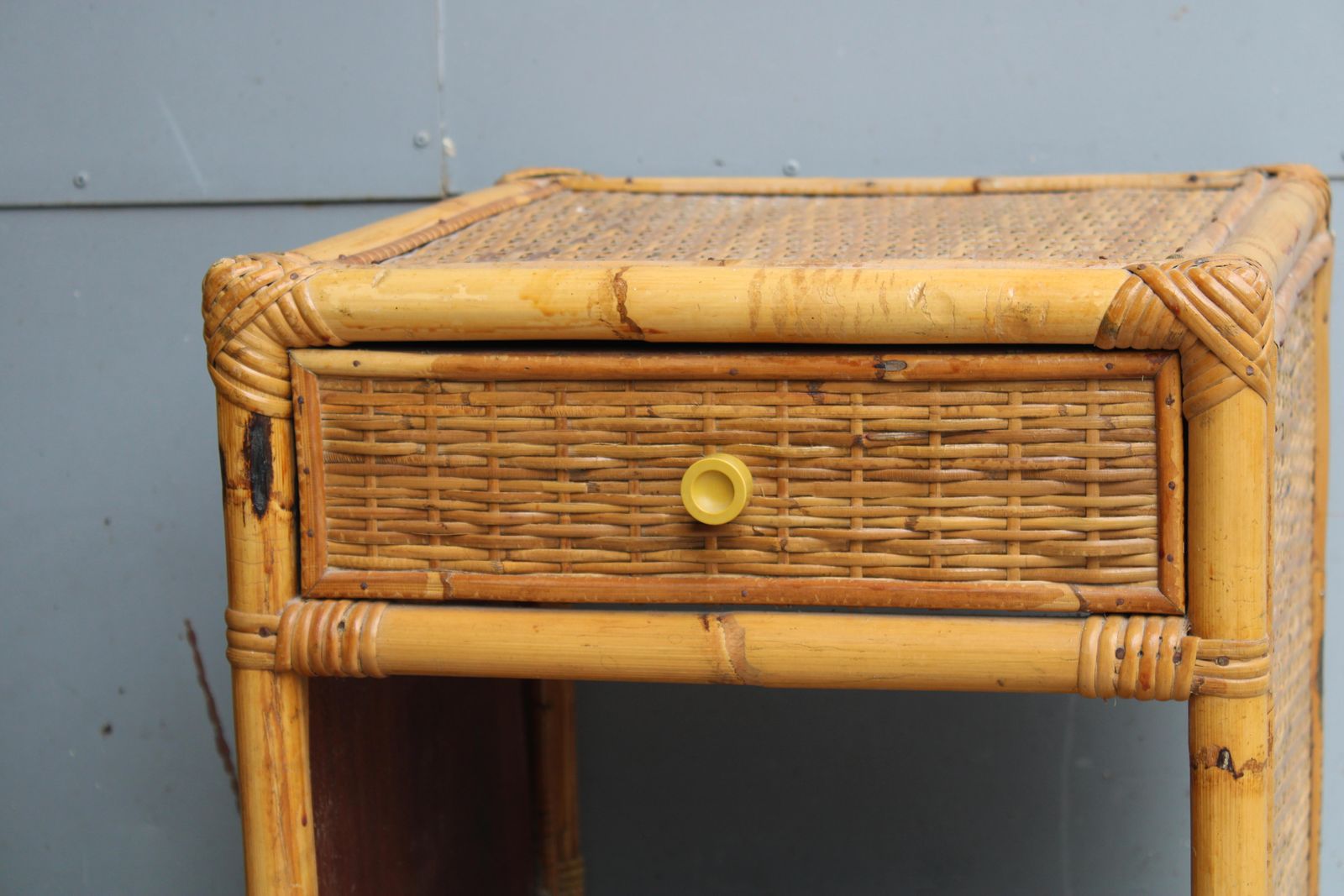 Pair Of Cube Shaped Bamboo Bedside Table With Drawer And Shelf Italy 1970s photo for sale