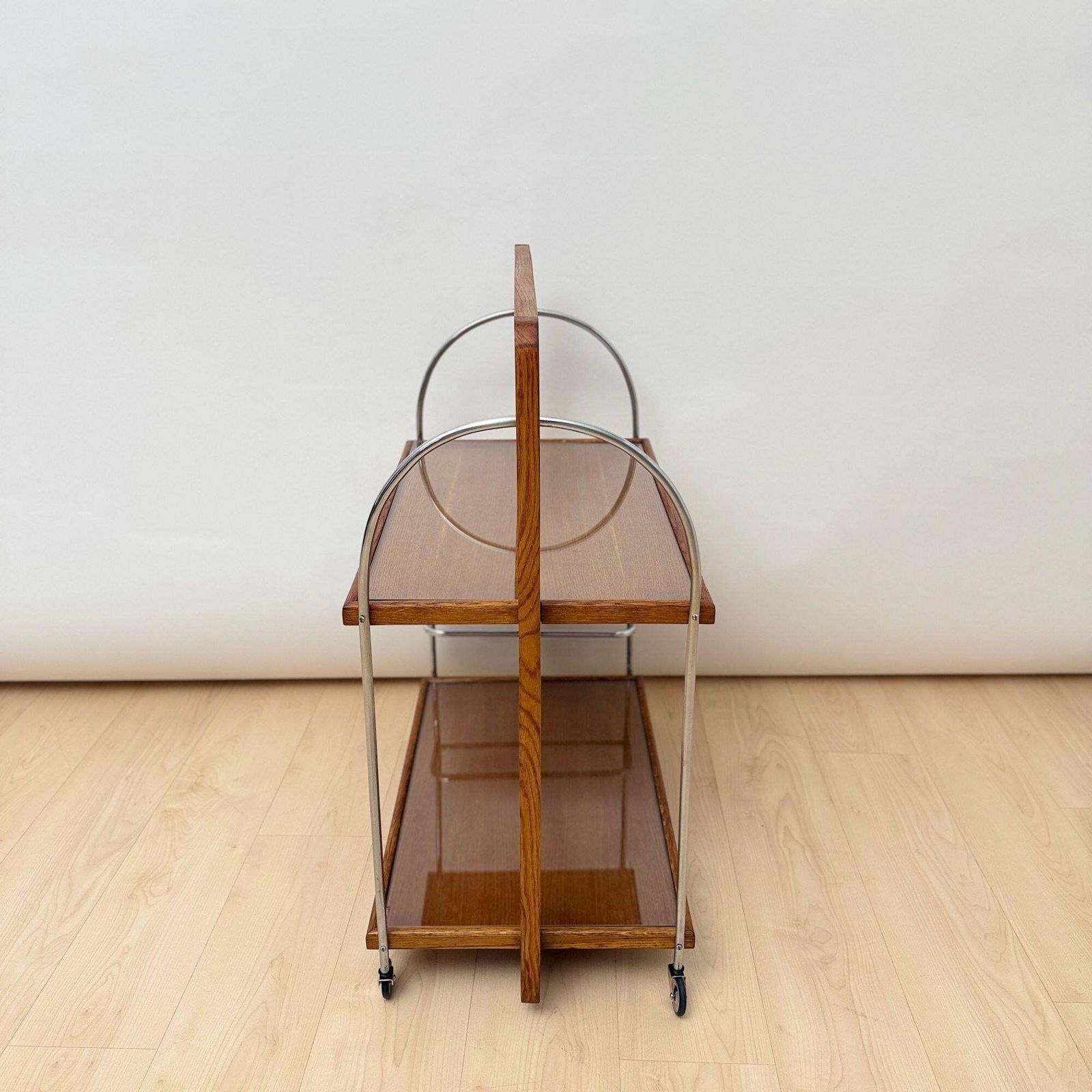 Art Deco Serving Trolley, Oak Wood, Chrome And Glass, France Circa 1930 photo Home Decor