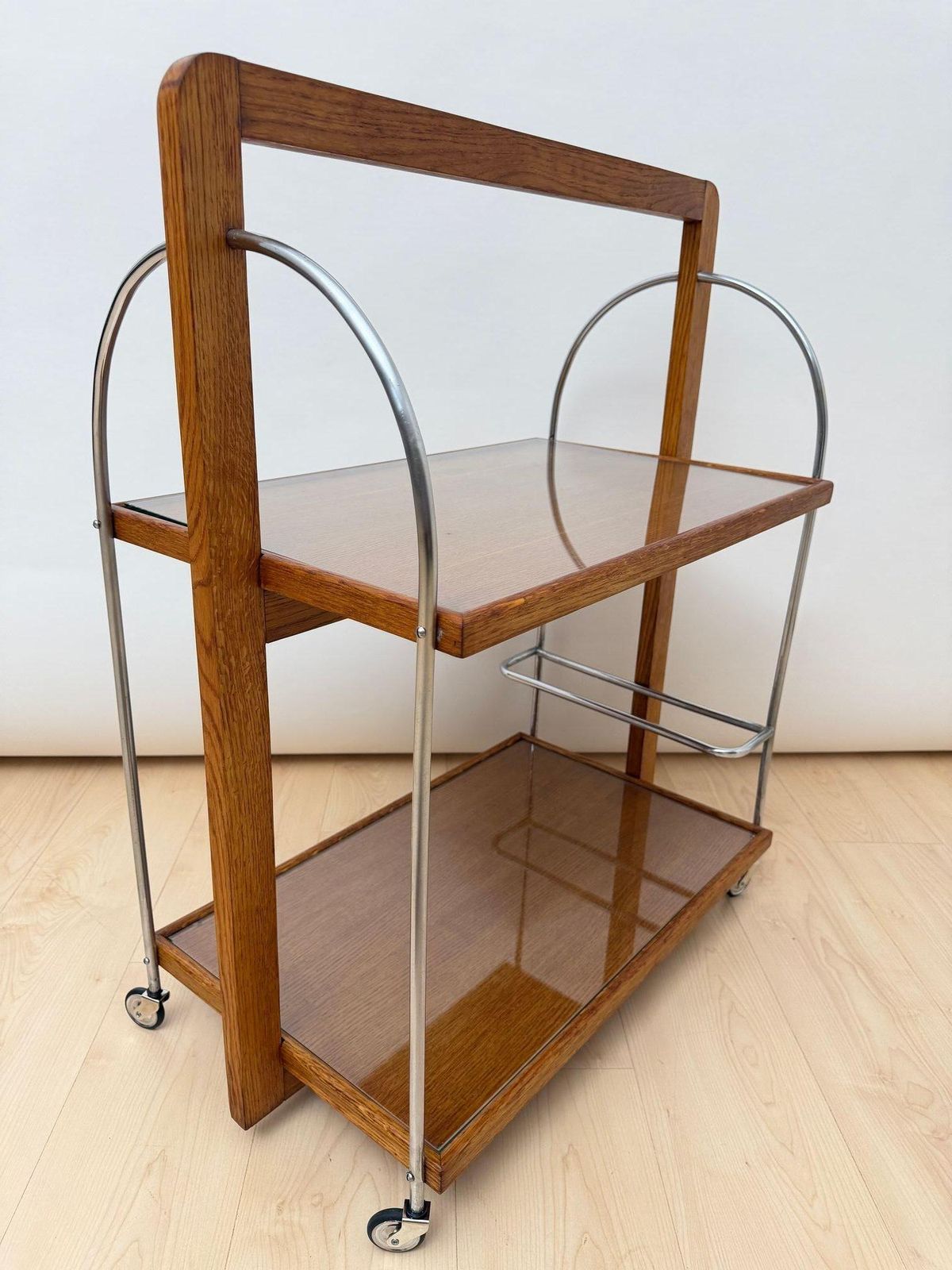 Home Decor Art Deco Serving Trolley, Oak Wood, Chrome And Glass, France Circa 1930 photo