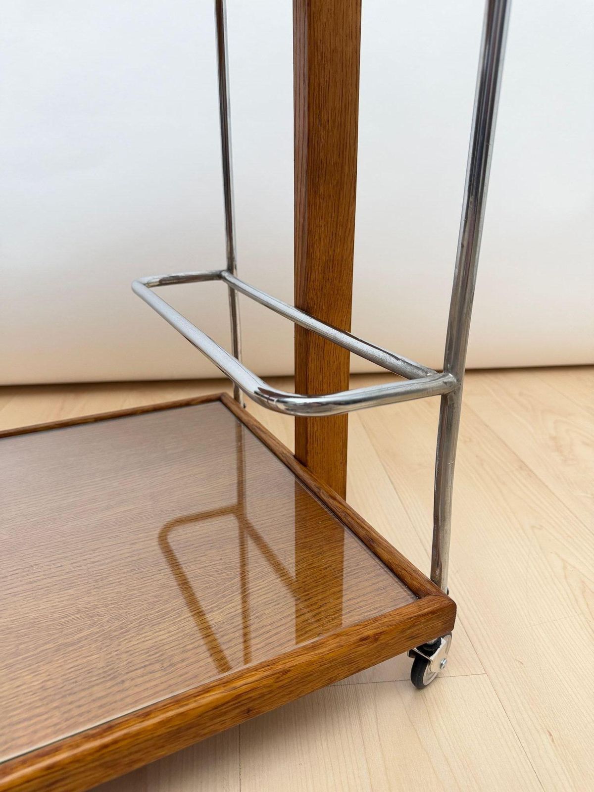 photo buy Art Deco Serving Trolley, Oak Wood, Chrome And Glass, France Circa 1930
