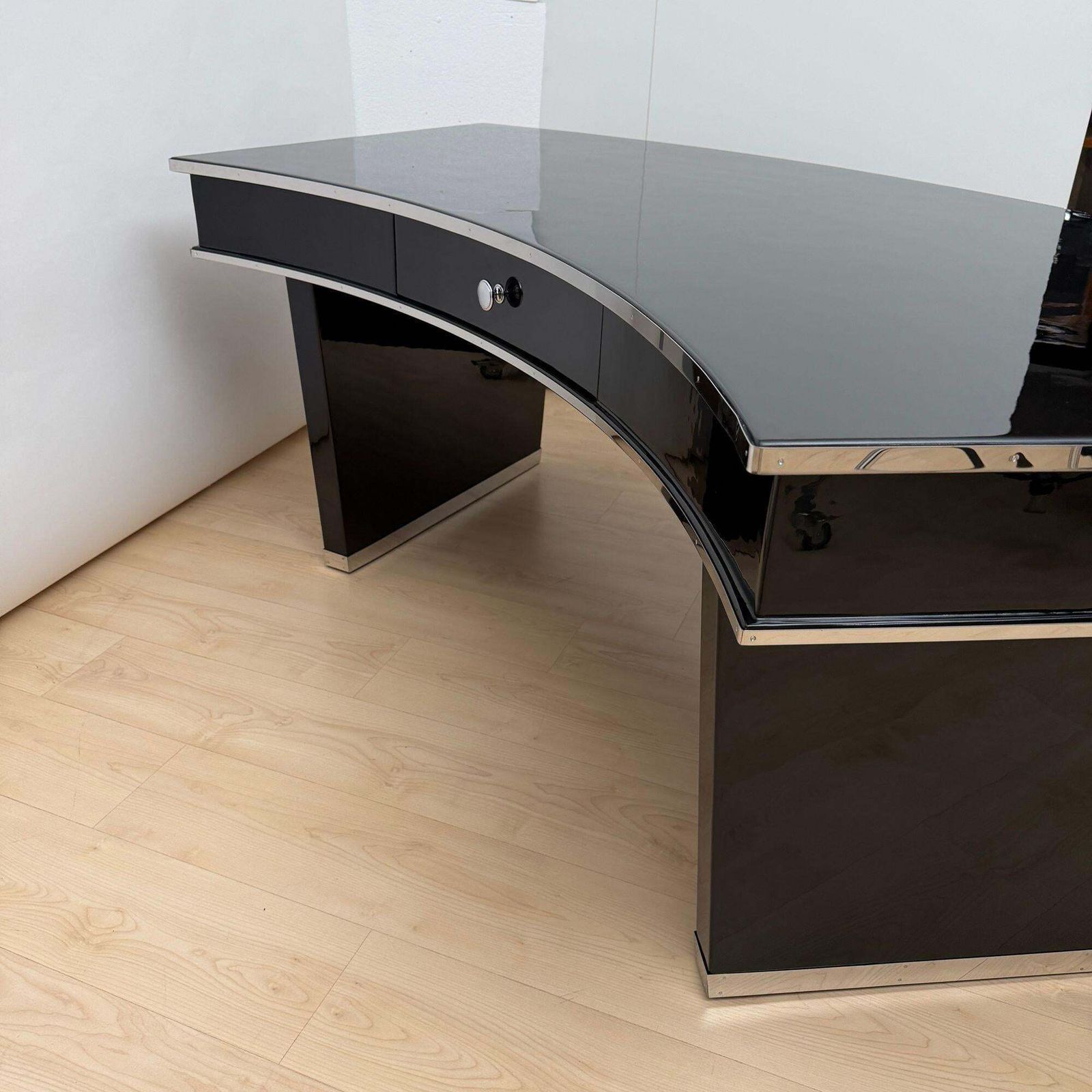 Furniture Art Deco Desk, Black Lacquer, Walnut, Metal, France Circa 1950 photo
