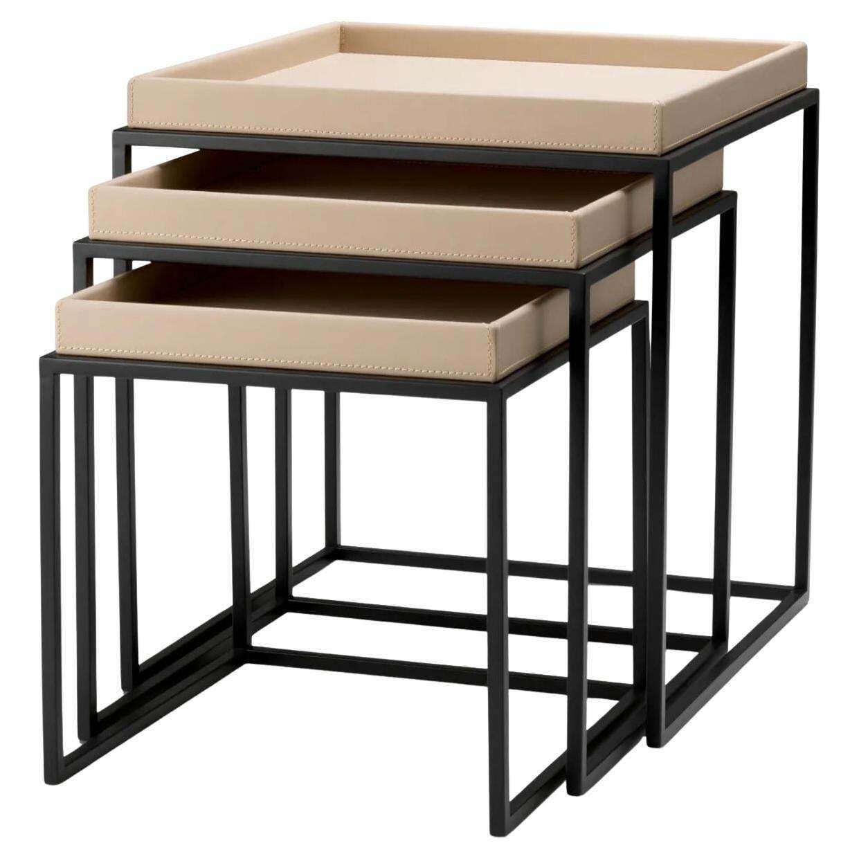 Set Of 3 Side Tables In Light Brown Faux Leather And Matte Black Finish