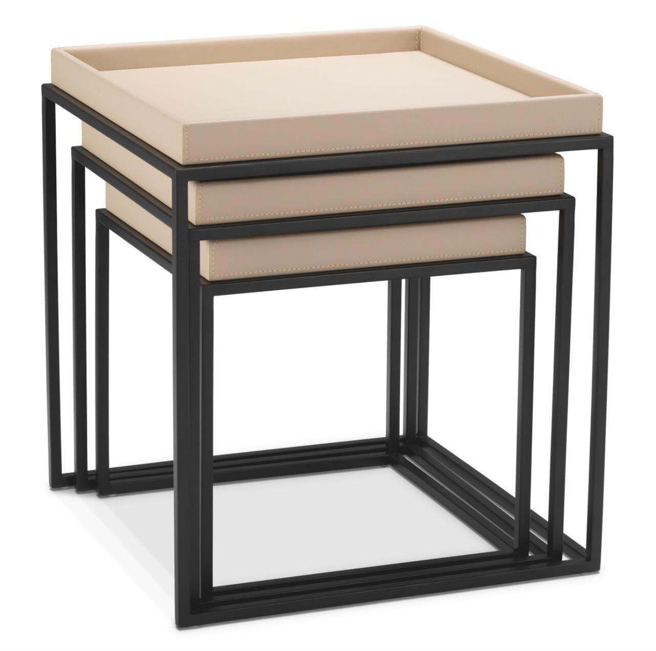 Set Of 3 Side Tables In Light Brown Faux Leather And Matte Black Finish photo 2128.0