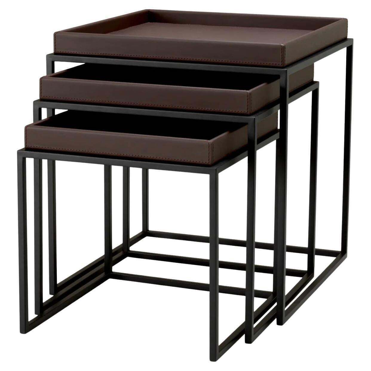 Set Of 3 Side Tables In Dark Brown Faux Leather And Black Finish