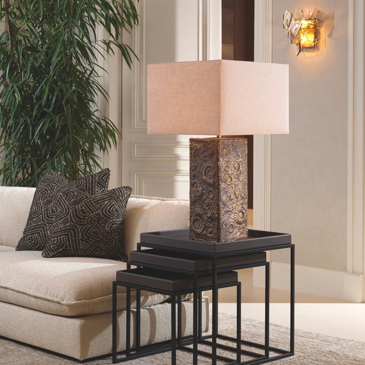 Set Of 3 Side Tables In Dark Brown Faux Leather And Black Finish photo for sale