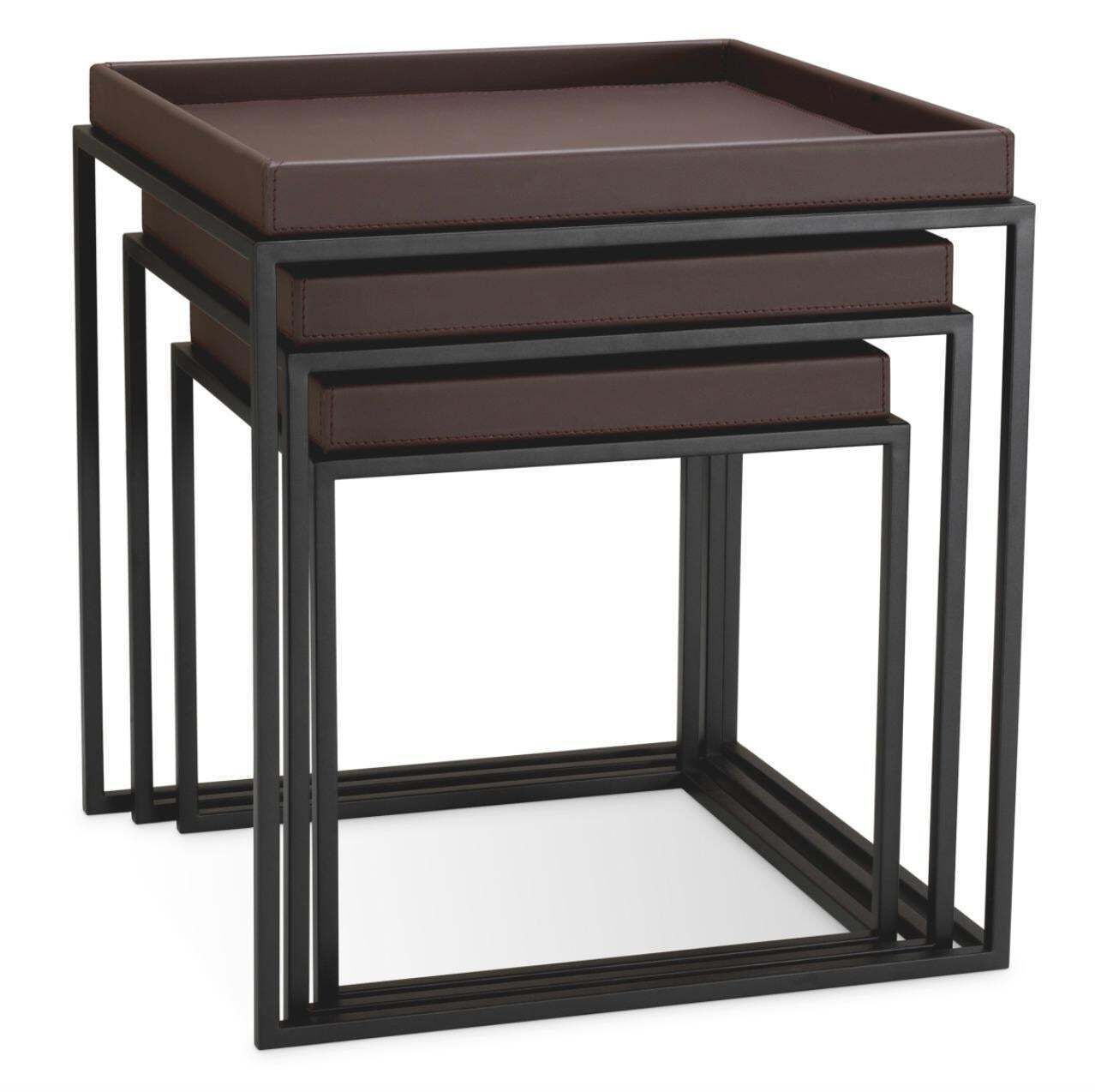 Set Of 3 Side Tables In Dark Brown Faux Leather And Black Finish photo 2281.0