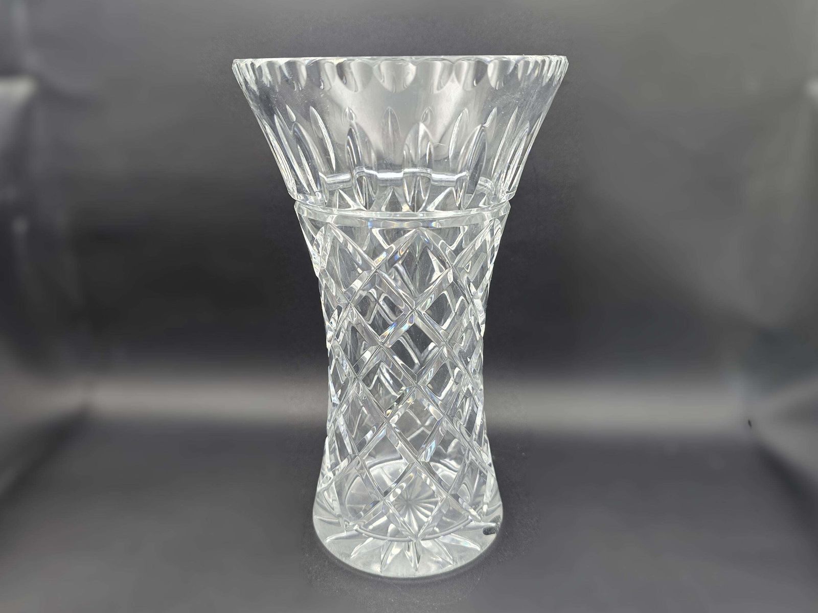 photo vinterior Vintage Galway Clifden Cut Crystal Vases 8 Inches   Pair Diamond Pattern Trumpet Vases X2