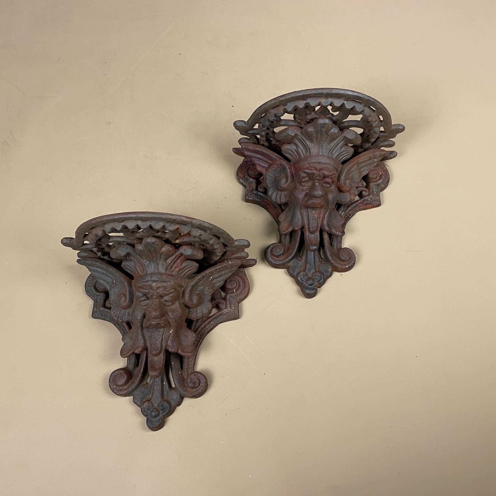 Antique Cast Iron Wall Shelf Set Wall Plant Holder Bracket Ornate Rustic Male Face Figurative Ornament Weathered Heavy Victorian Style photo 135.0