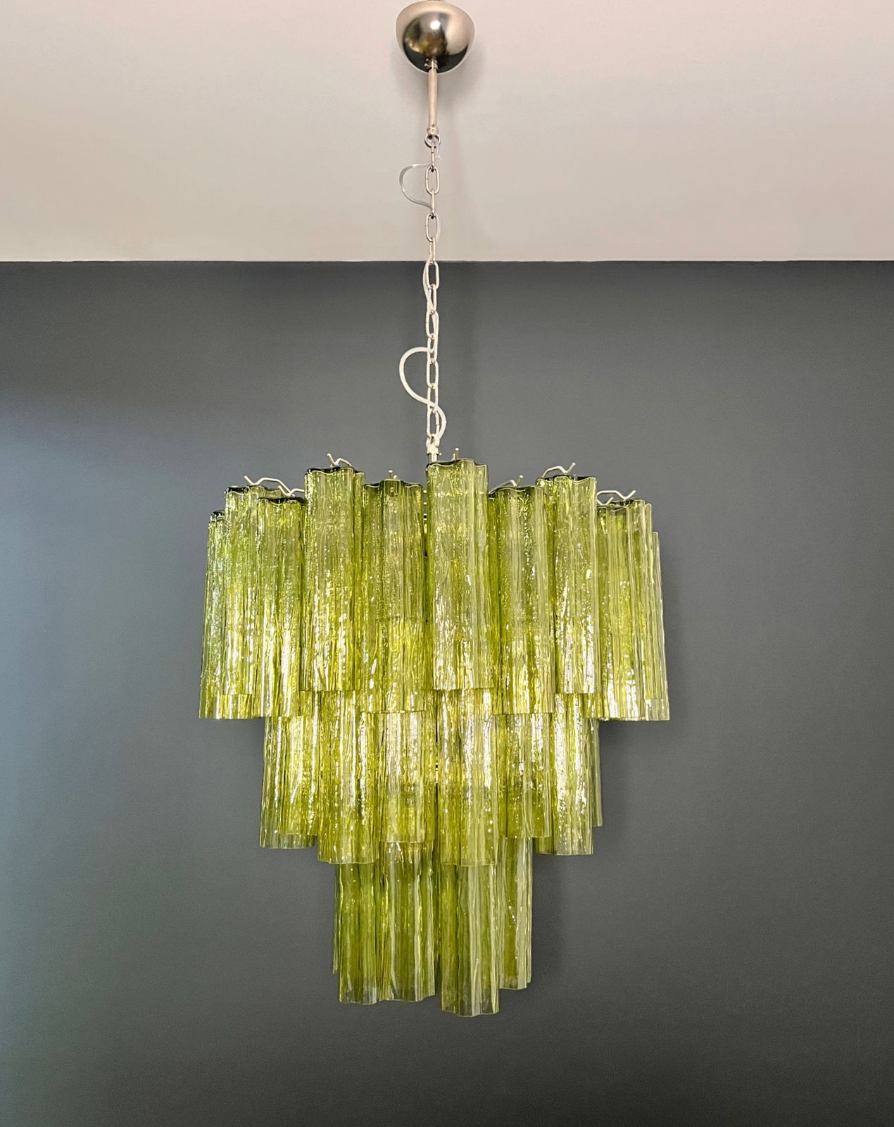 Three Tier Murano Glass Tube Chandelier   48 Green Glasses   Mid Century Modern photo for sale