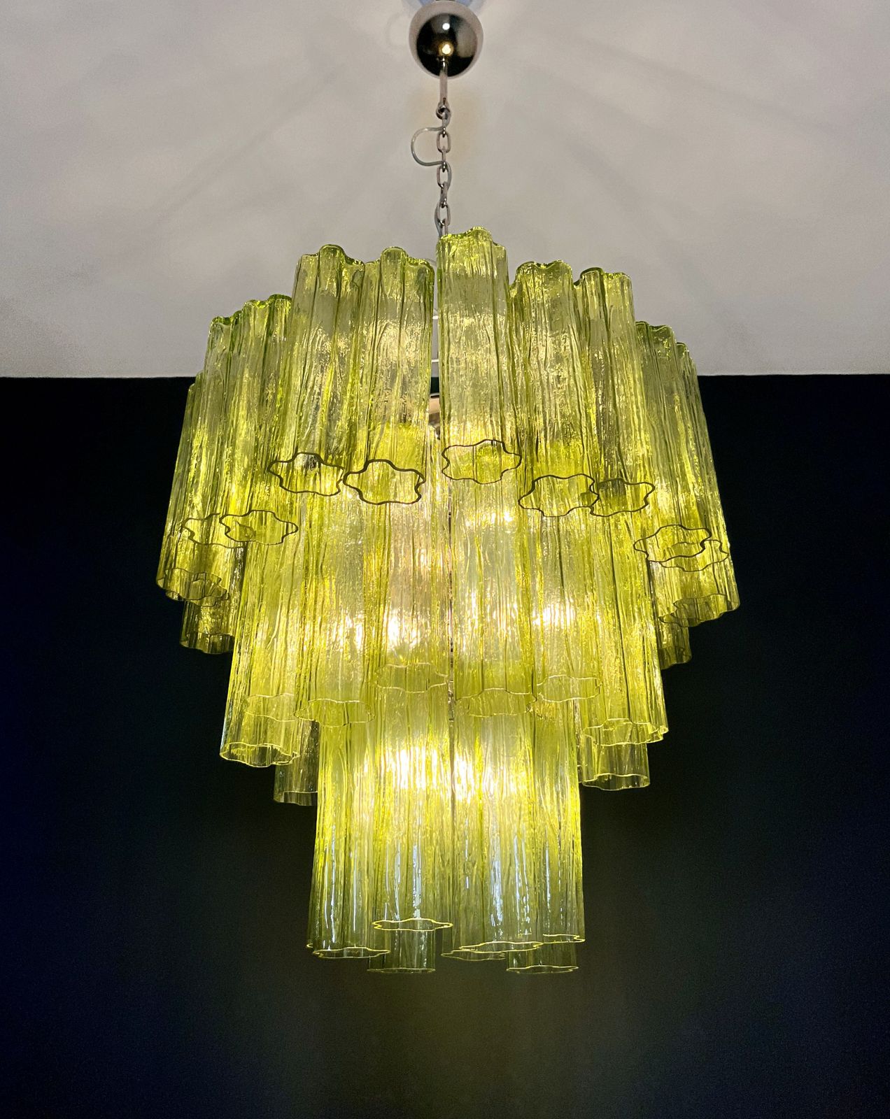 photo for sale Three Tier Murano Glass Tube Chandelier   48 Green Glasses   Mid Century Modern