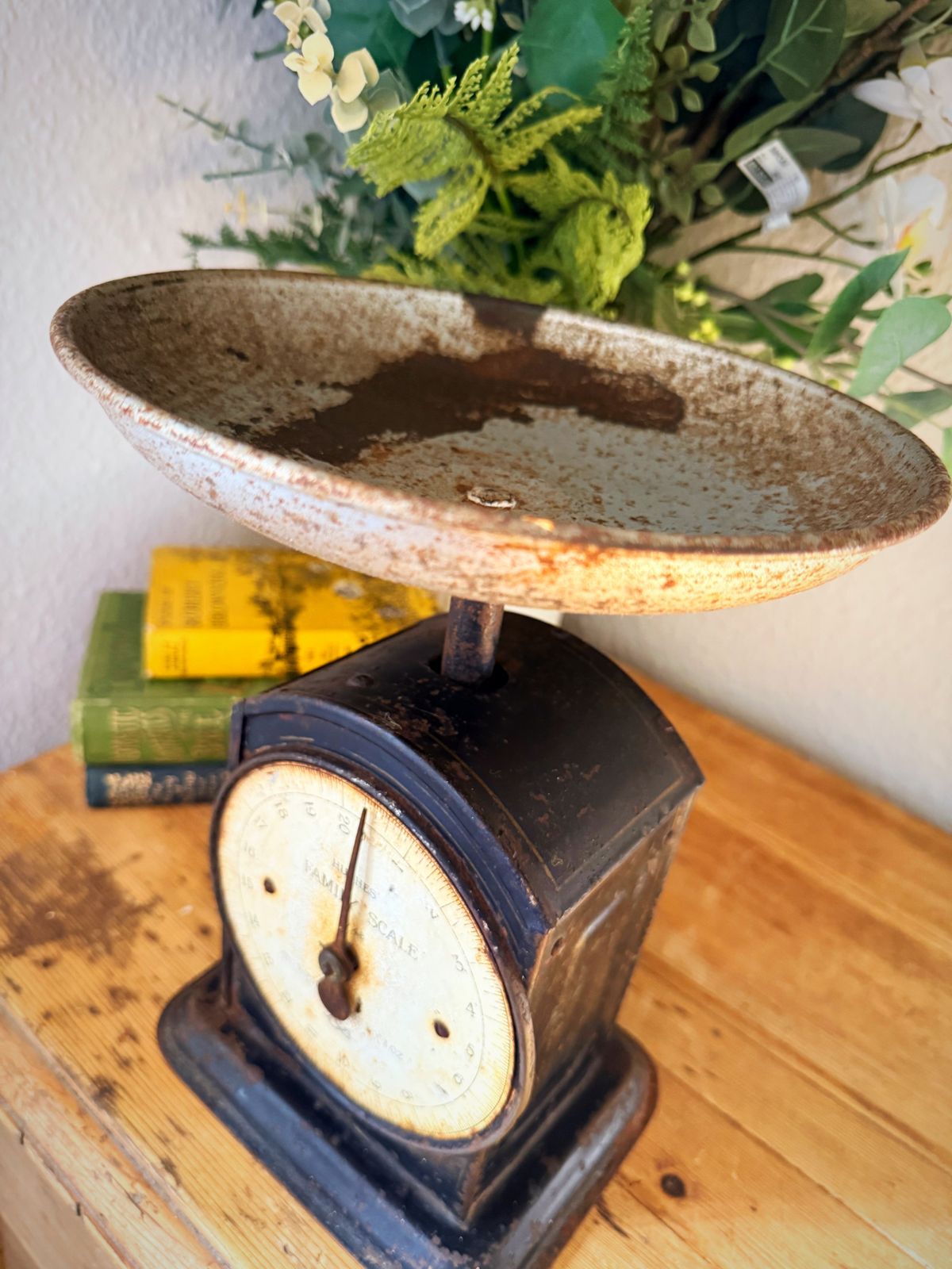 Early 20th Century Salter Hughes Kitchen Scales – Rustic Farmhouse Decor With Striking Authentic Patina photo vinterior