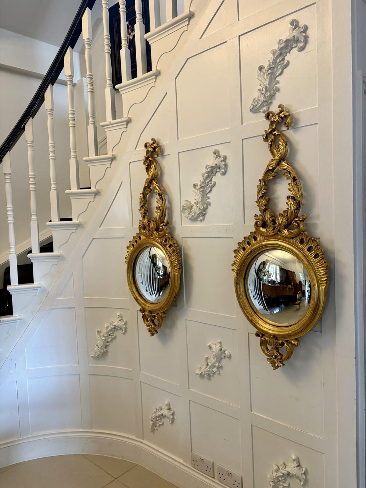 photo for sale Antique Pair Of Regency Style Giltwood Convex Girandole Wall Mirrors