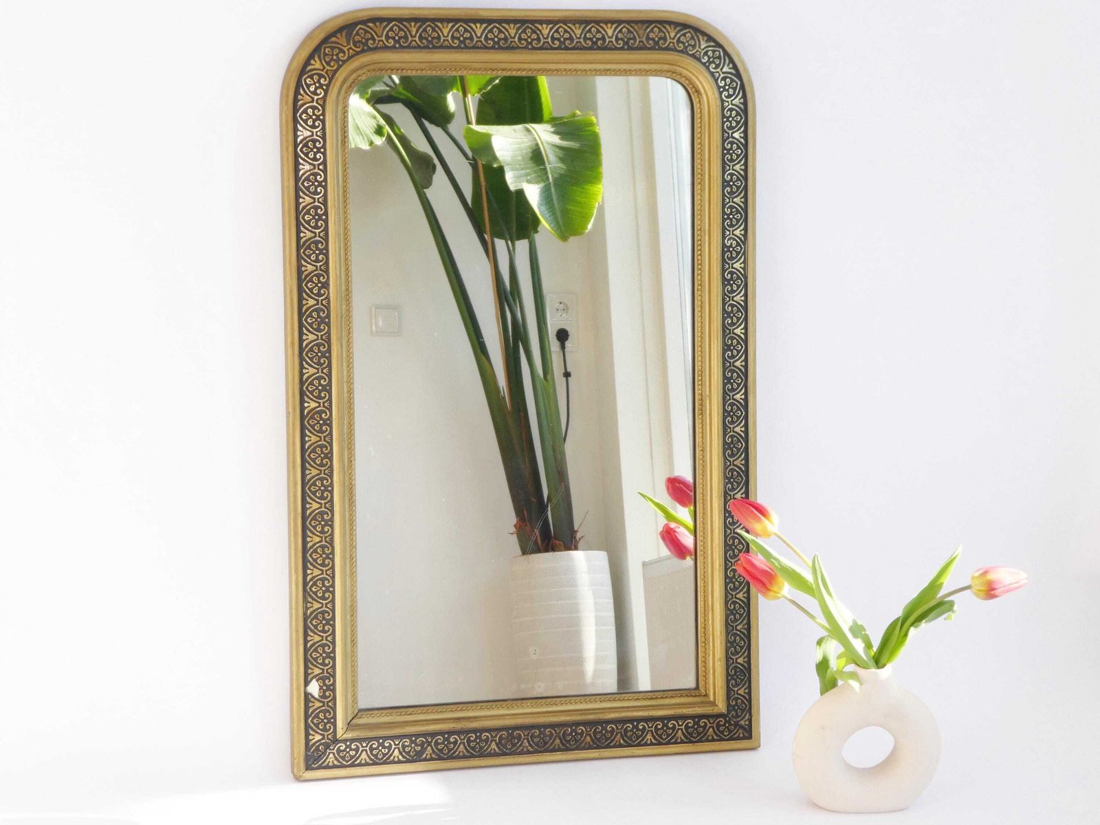 French 19th Century Gold Louis Philippe Mirror, Antique Arched Tall Gilded Mantle Mirror.