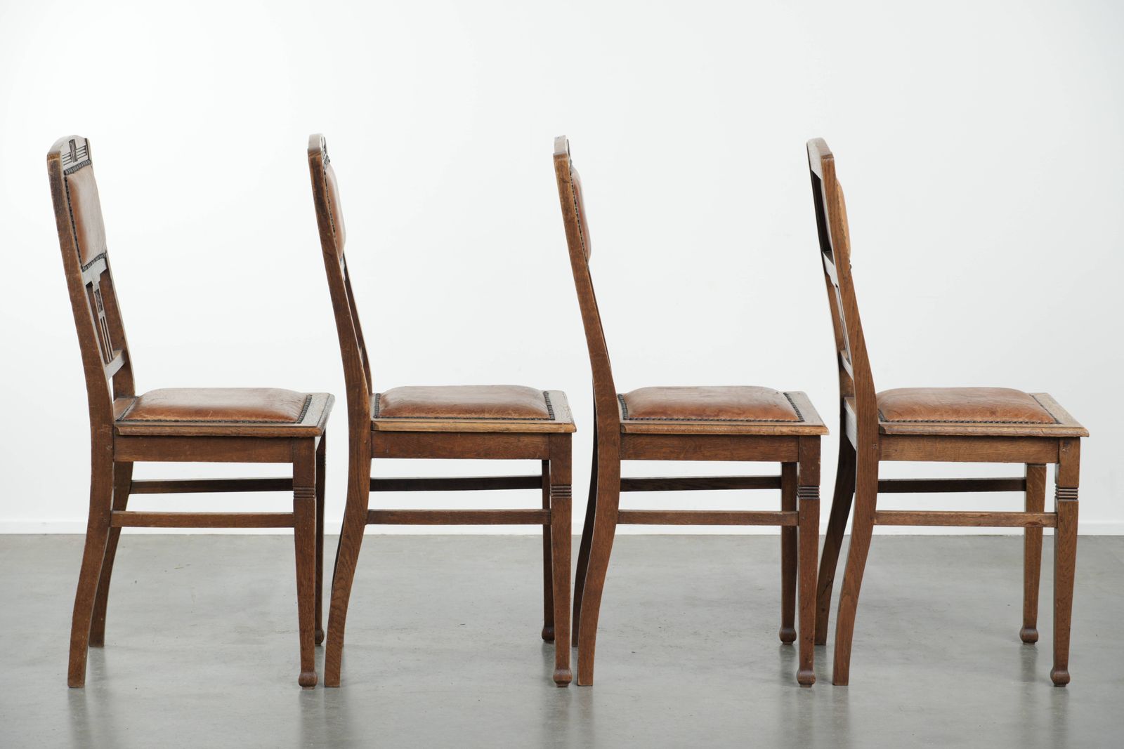 Set Of 4 Antique Oak Dining Chairs In Art Nouveau Style With Sheepskin photo for sale