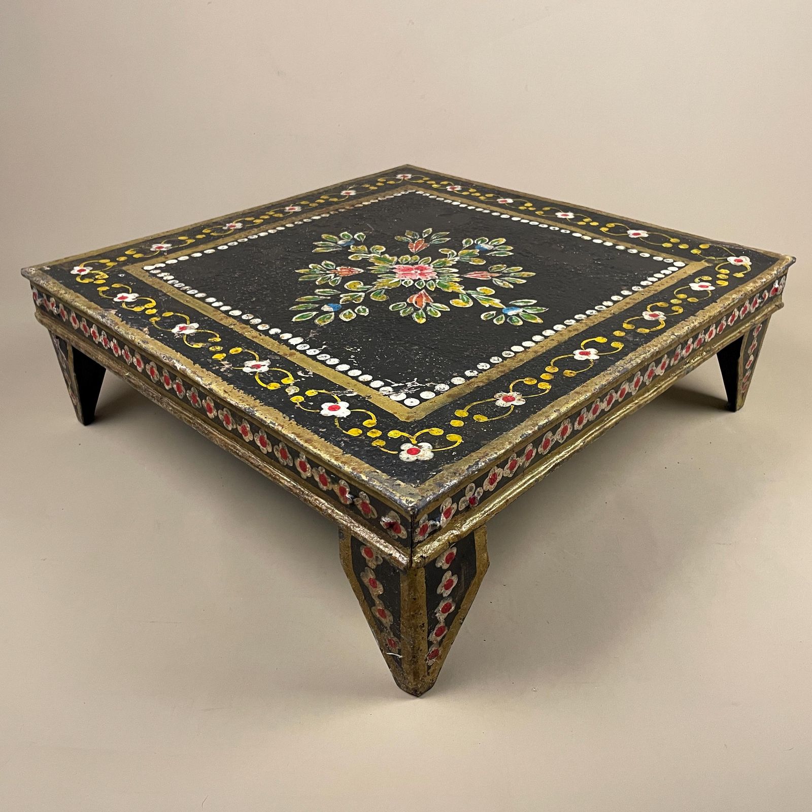 Indian Hand Painted Low Table Black Floral Coffee Table Decorative Plant Stand Metal Rustic Accent Small. photo vintage