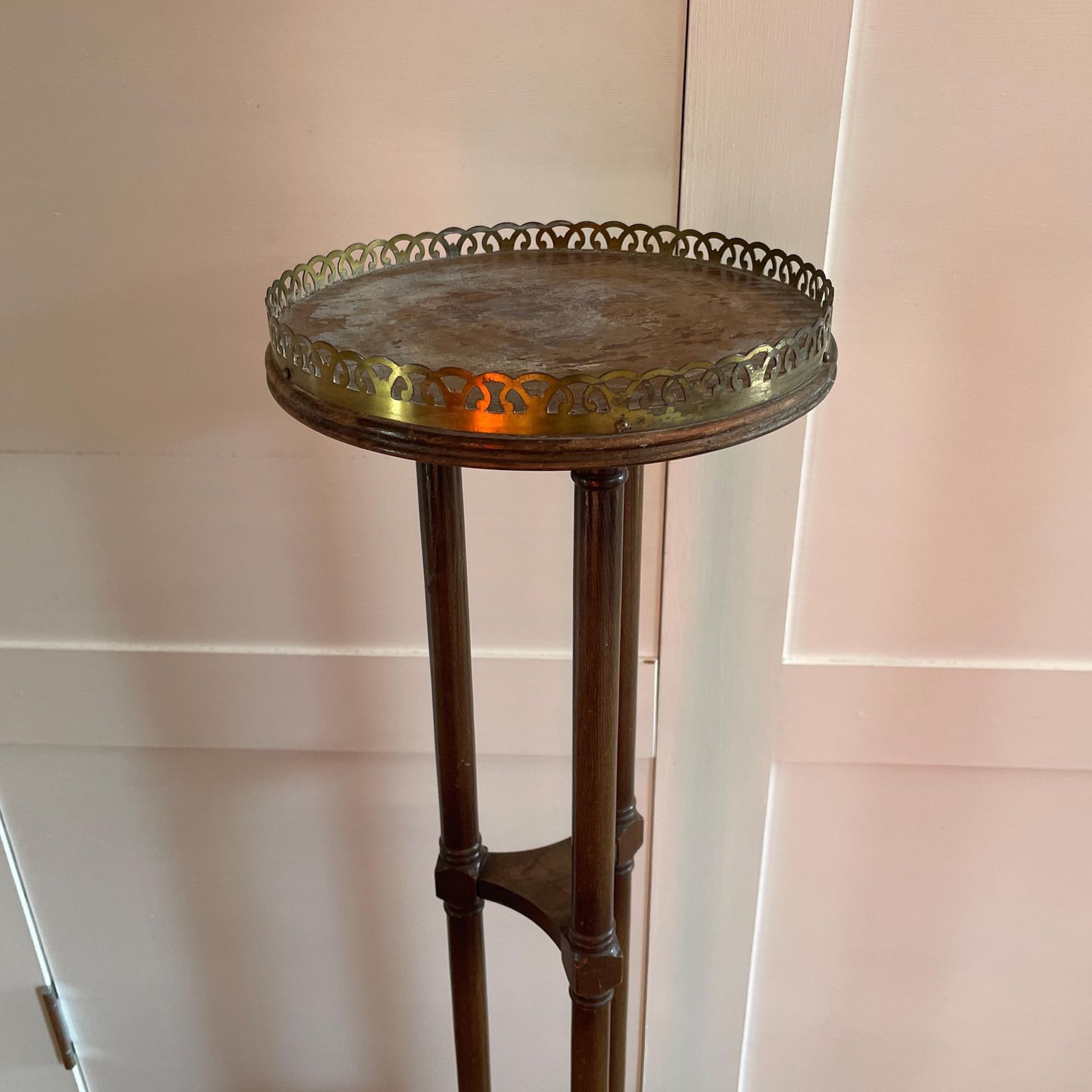 Tall Wooden Plant Stand Brass Gallery Top Vintage Pedestal Display Stand Victorian Style Likely Indian Made Tripod Stand. photo furniture