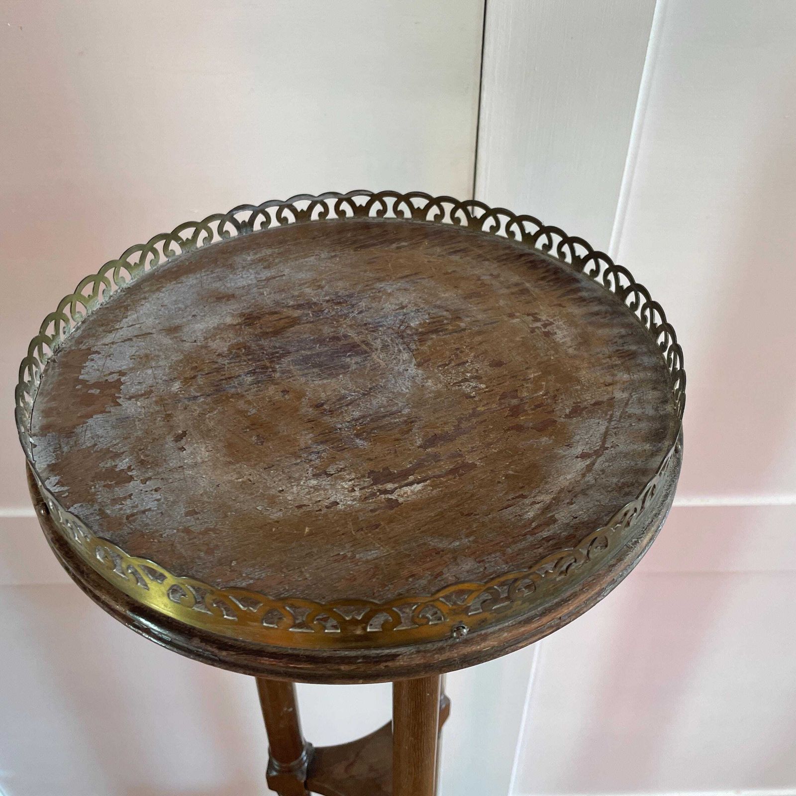 Tall Wooden Plant Stand Brass Gallery Top Vintage Pedestal Display Stand Victorian Style Likely Indian Made Tripod Stand. photo vinterior