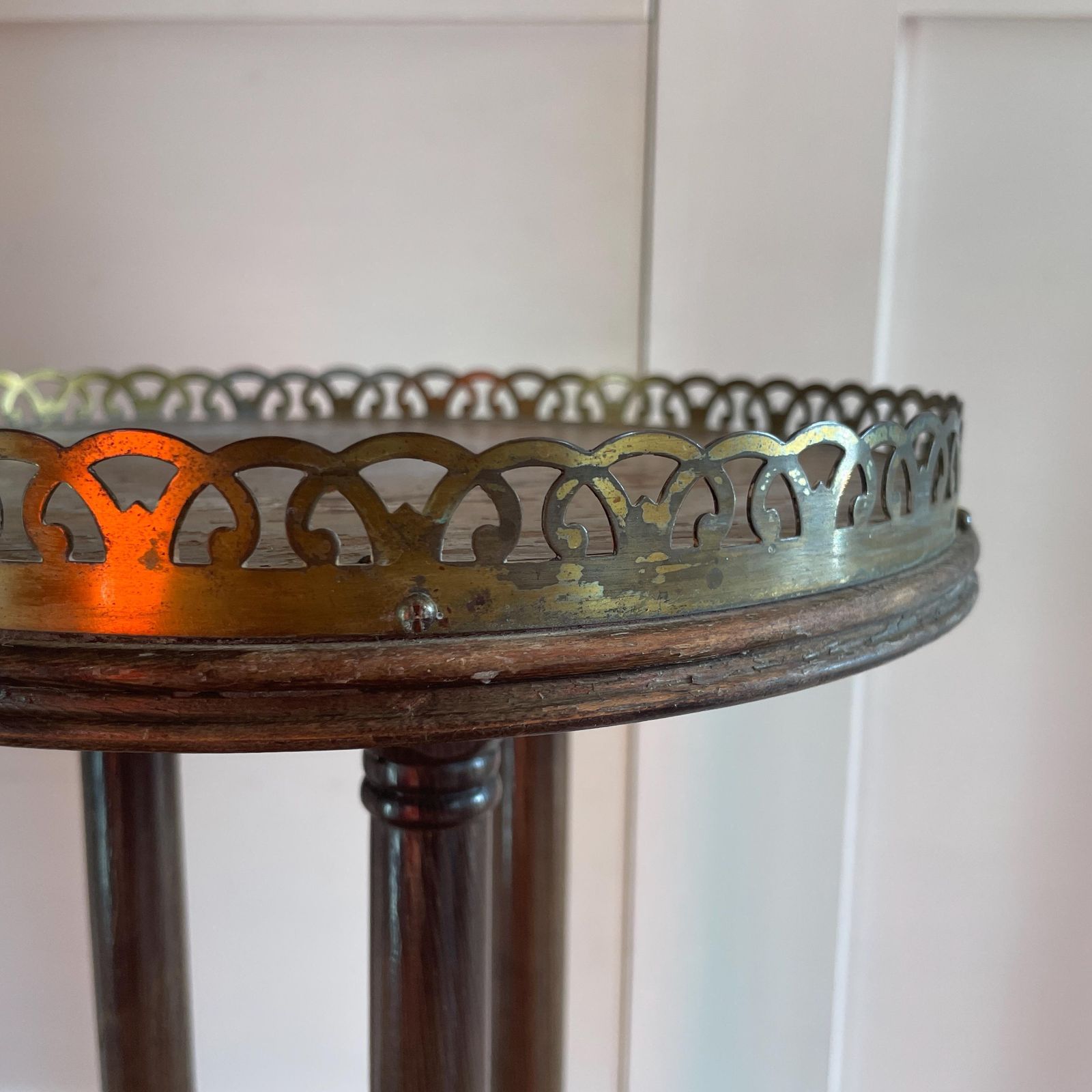 Tall Wooden Plant Stand Brass Gallery Top Vintage Pedestal Display Stand Victorian Style Likely Indian Made Tripod Stand. photo buy