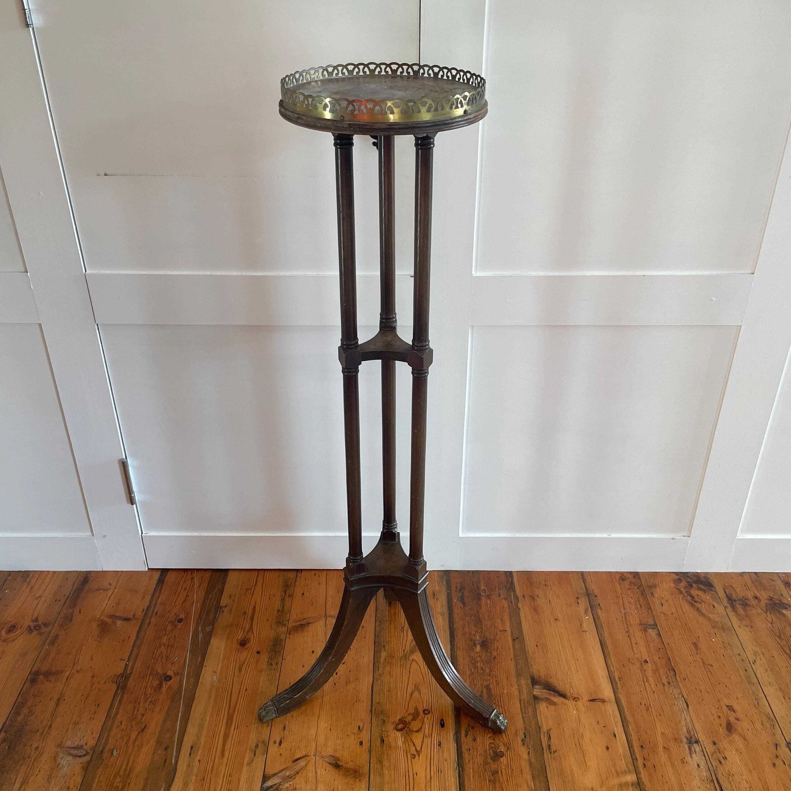 photo furniture Tall Wooden Plant Stand Brass Gallery Top Vintage Pedestal Display Stand Victorian Style Likely Indian Made Tripod Stand.